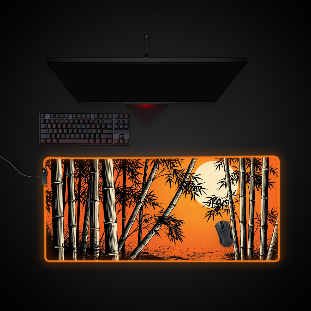 Golden Bamboo desk mat with RGB edge lighting
