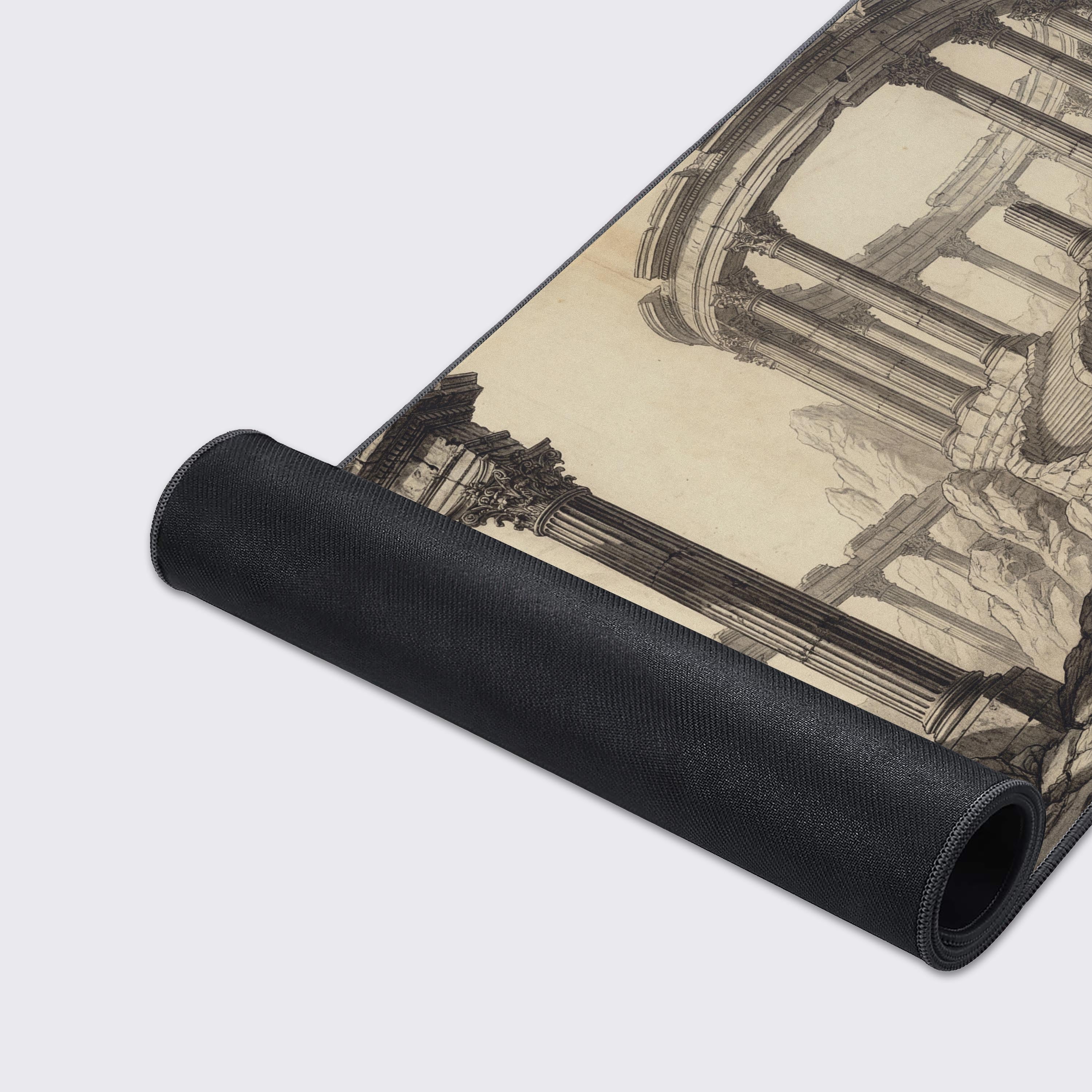 A close-up of the Classical Decay gaming desk mat showing the smooth texture and durable stitched edges, highlighting the intricate architectural line work. - Epic Design Pads & Mousepads