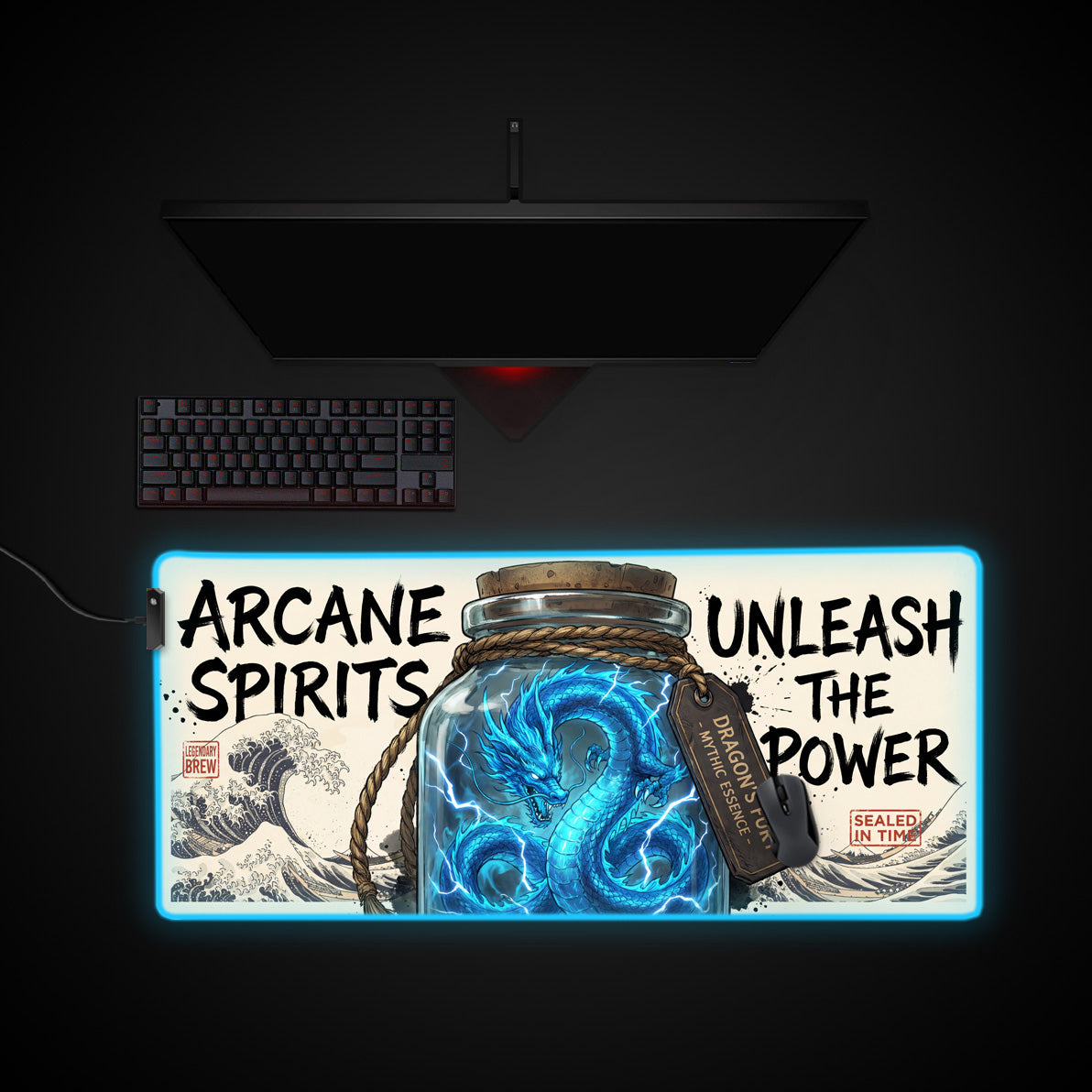 Dragon’s Brew desk mat with RGB edge lighting