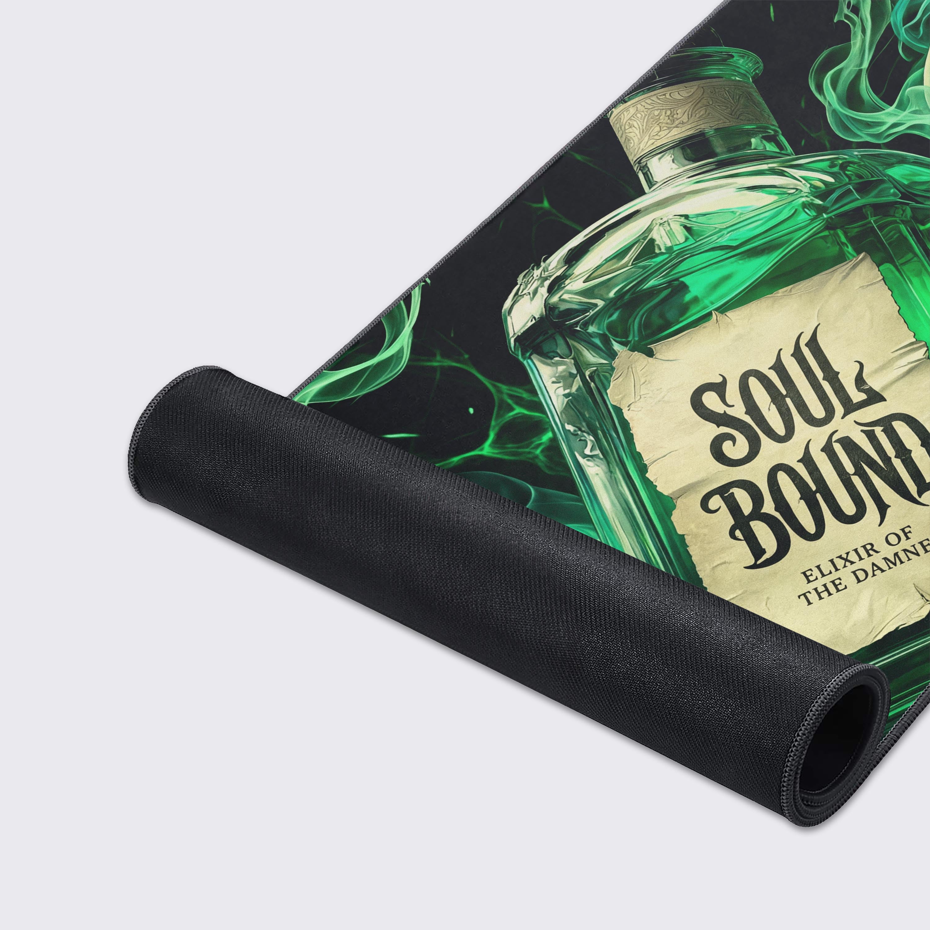 A close-up of the 'Soul Bound' gaming desk mat's smooth surface and stitched edges, highlighting the detailed art of the cursed green potion. - Epic Design Pads & Mousepads