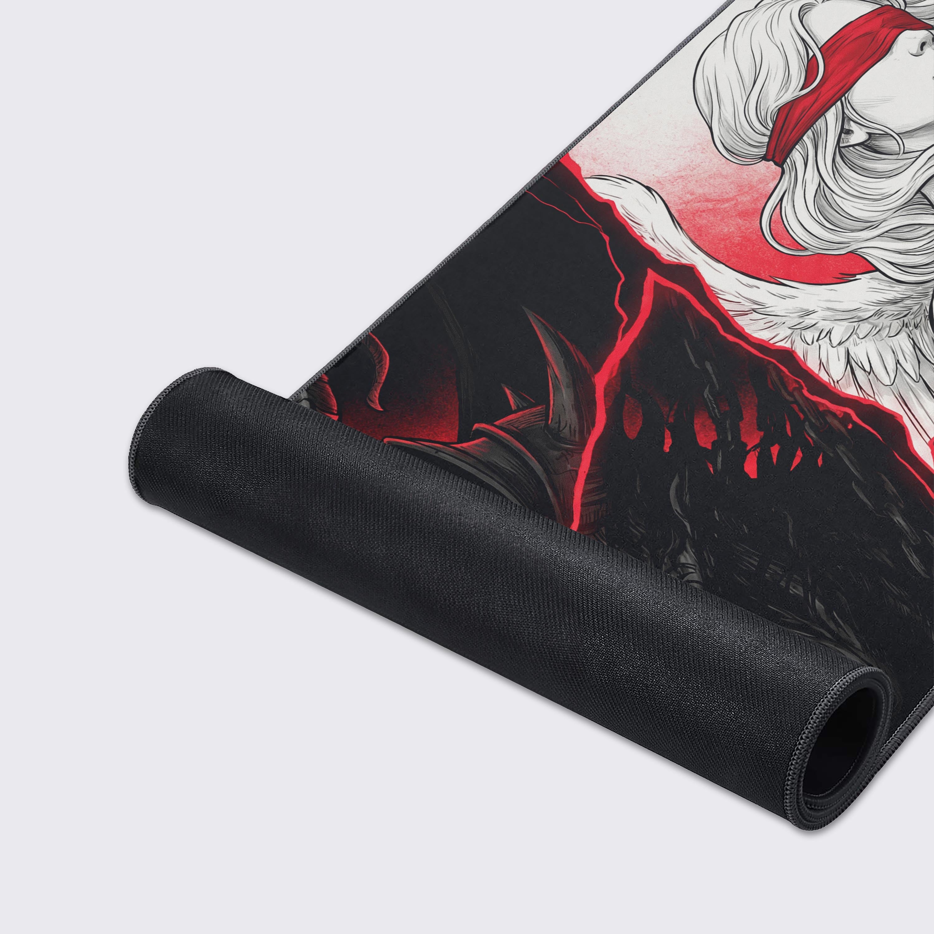 A close-up of the 'Fractured Divinity' gaming desk mat, highlighting the smooth fabric texture and durable stitched edges of the intricate gothic artwork. - Epic Design Pads & Mousepads