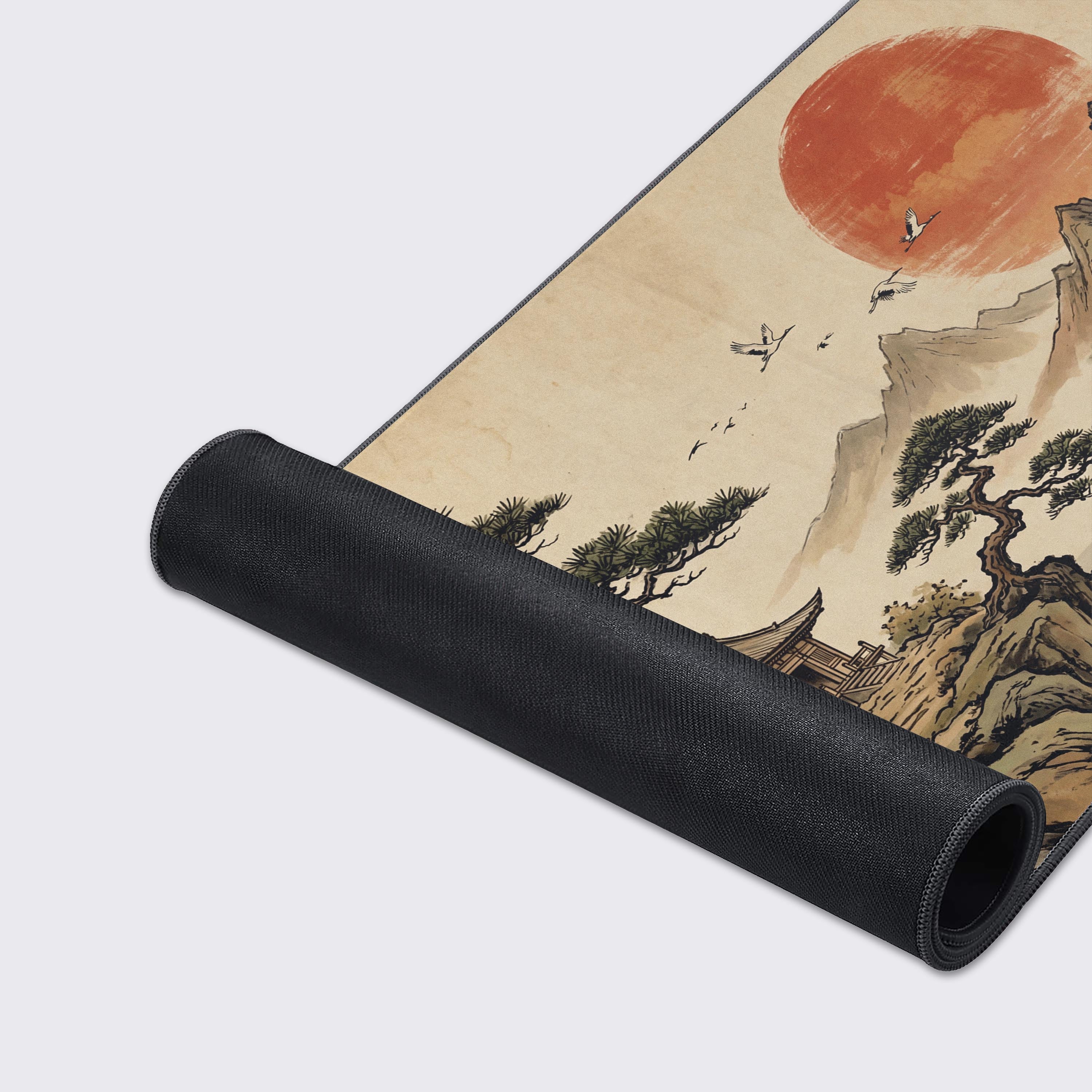 Close-up of the Ancient Resilience mouse pad showing the high-quality fabric texture and durable stitched edges, with the traditional Chinese landscape art clearly visible. - Epic Design Pads & Mousepads
