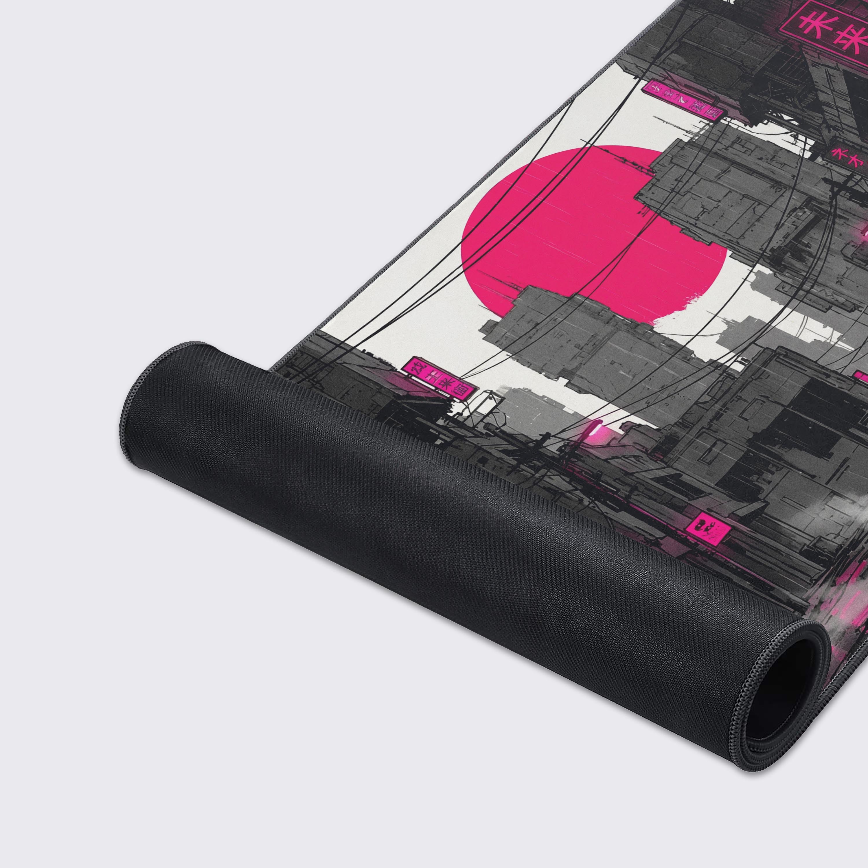 A close-up of the Midnight Patrol mouse pad, highlighting the durable stitched edges and smooth surface texture of the neon Tokyo city design. - Epic Design Pads & Mousepads