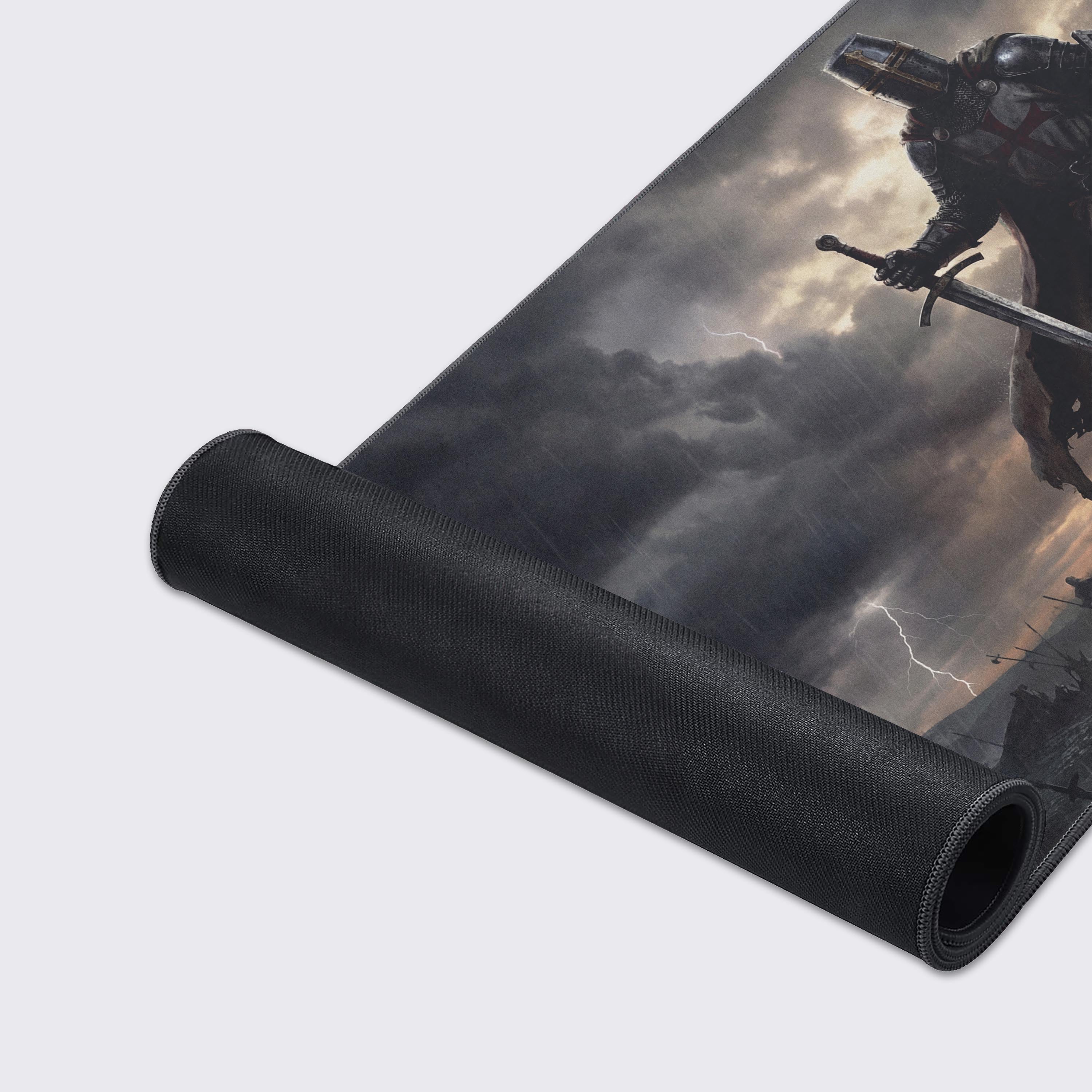 Close-up of the Templar's Stand mouse pad, highlighting the durable stitched edges and smooth fabric texture of the crusader knight design. - Epic Design Pads & Mousepads