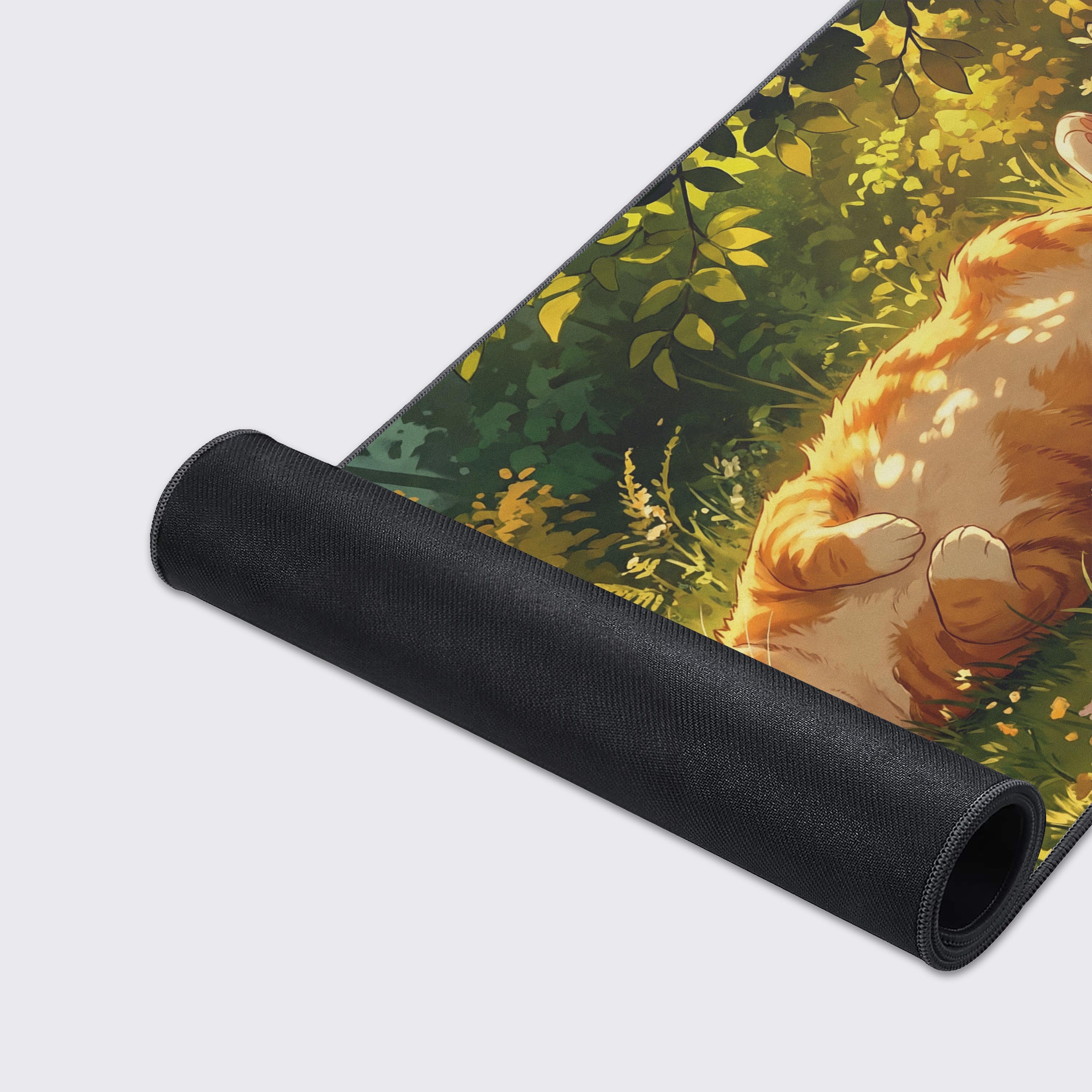 Close-up of the Sunlit Slumber gaming desk mat's smooth texture and durable stitched edges. The detailed painterly artwork of the sleeping cat is clearly visible. - Epic Design Pads & Mousepads