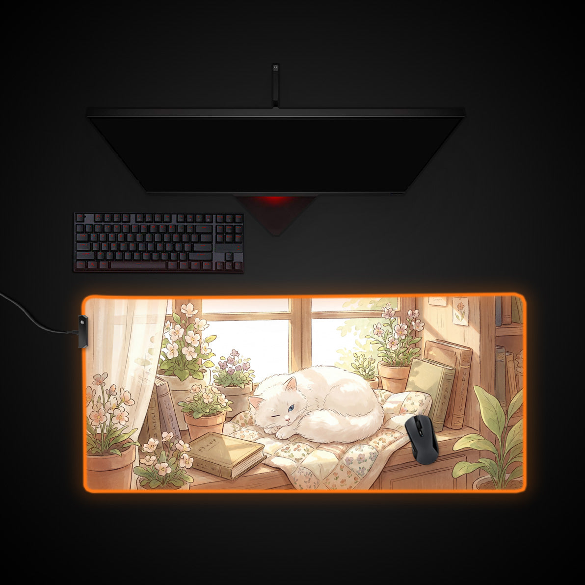 Bookish Nap desk mat with RGB edge lighting