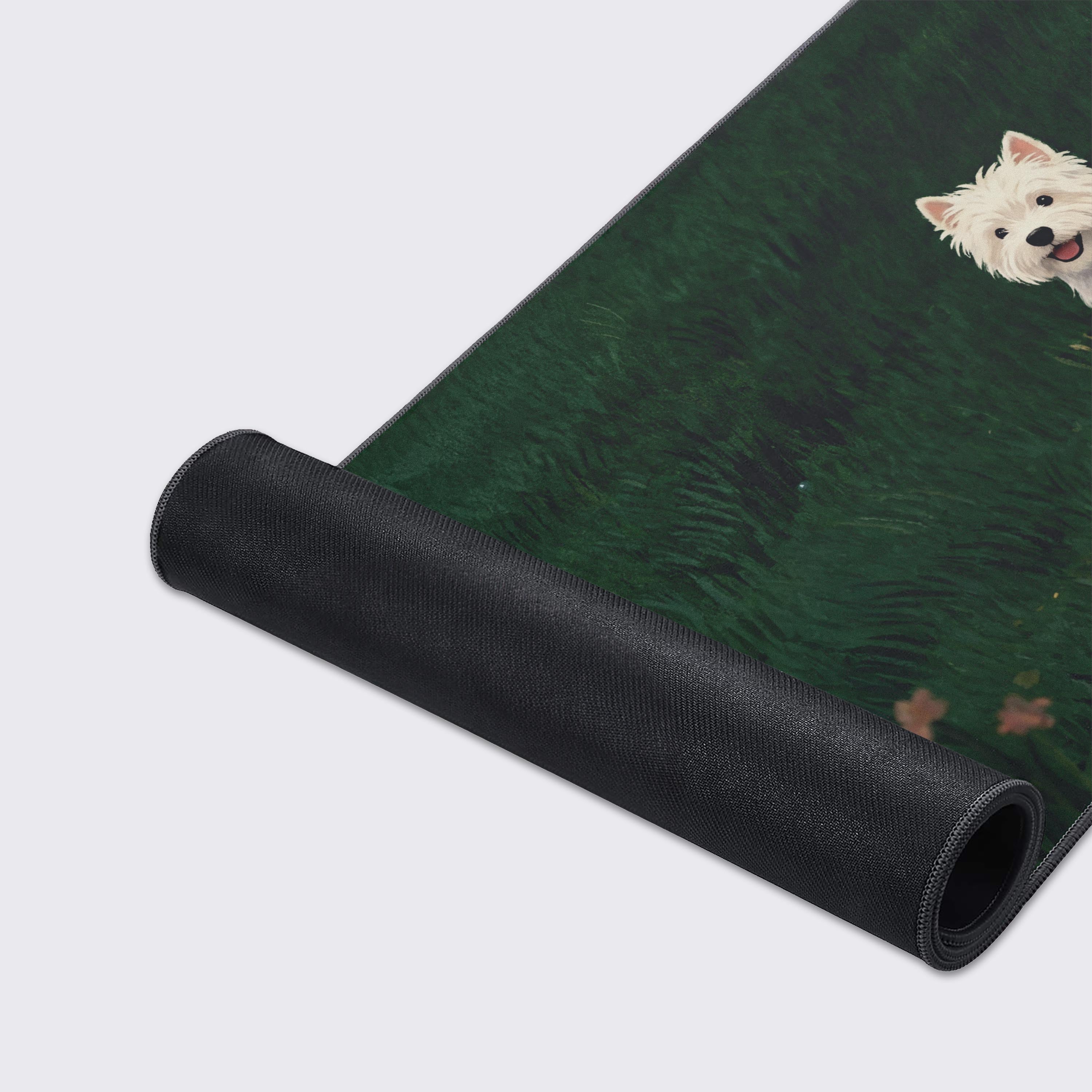 A close-up of the high-quality, smooth fabric and stitched edges on 'The Little Scout' gaming desk mat, highlighting the detailed illustration of the white dog. - Epic Design Pads & Mousepads
