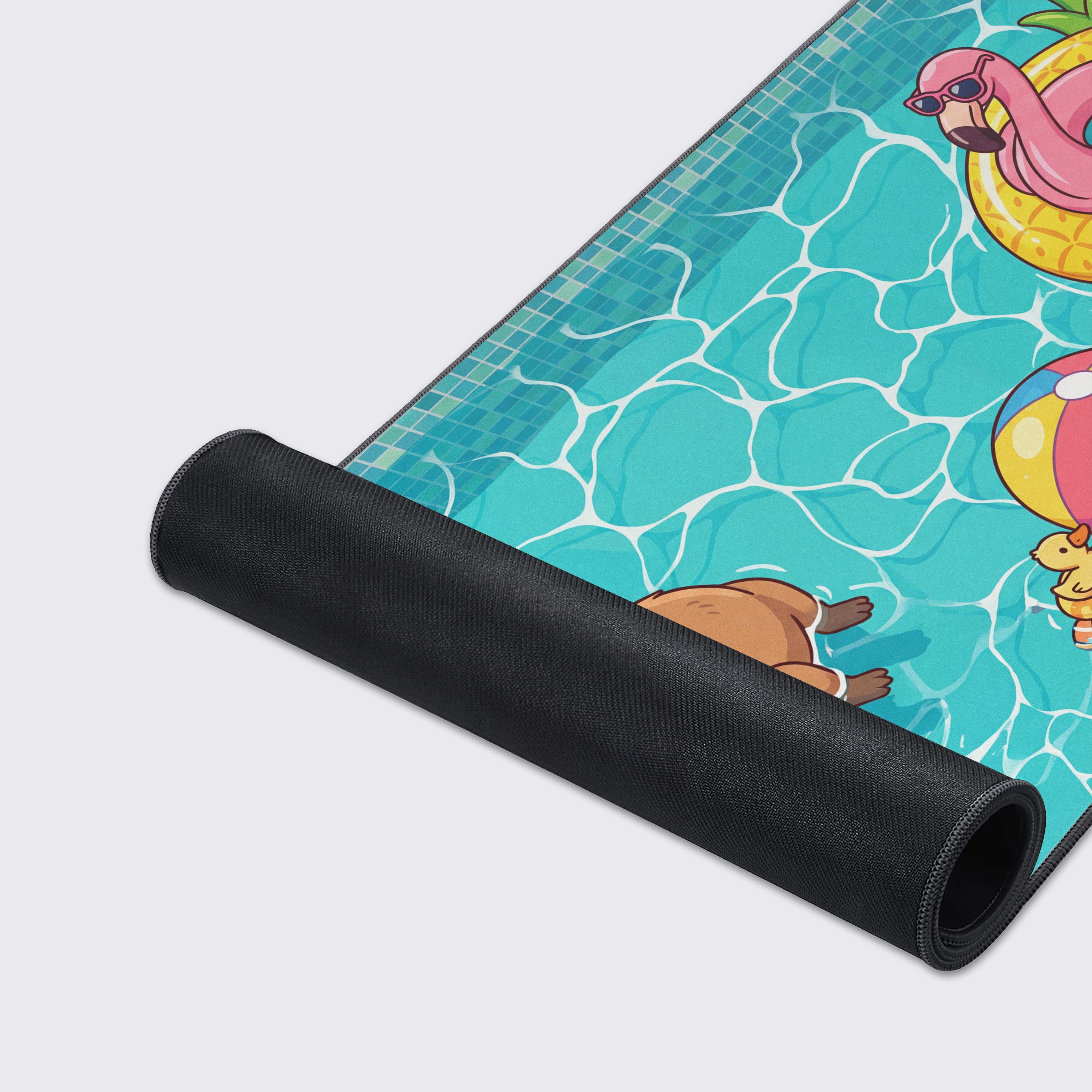 A close-up of the Poolside Chill gaming desk mat highlighting the smooth fabric texture, stitched edges, and the cute cartoon capybara design. - Epic Design Pads & Mousepads