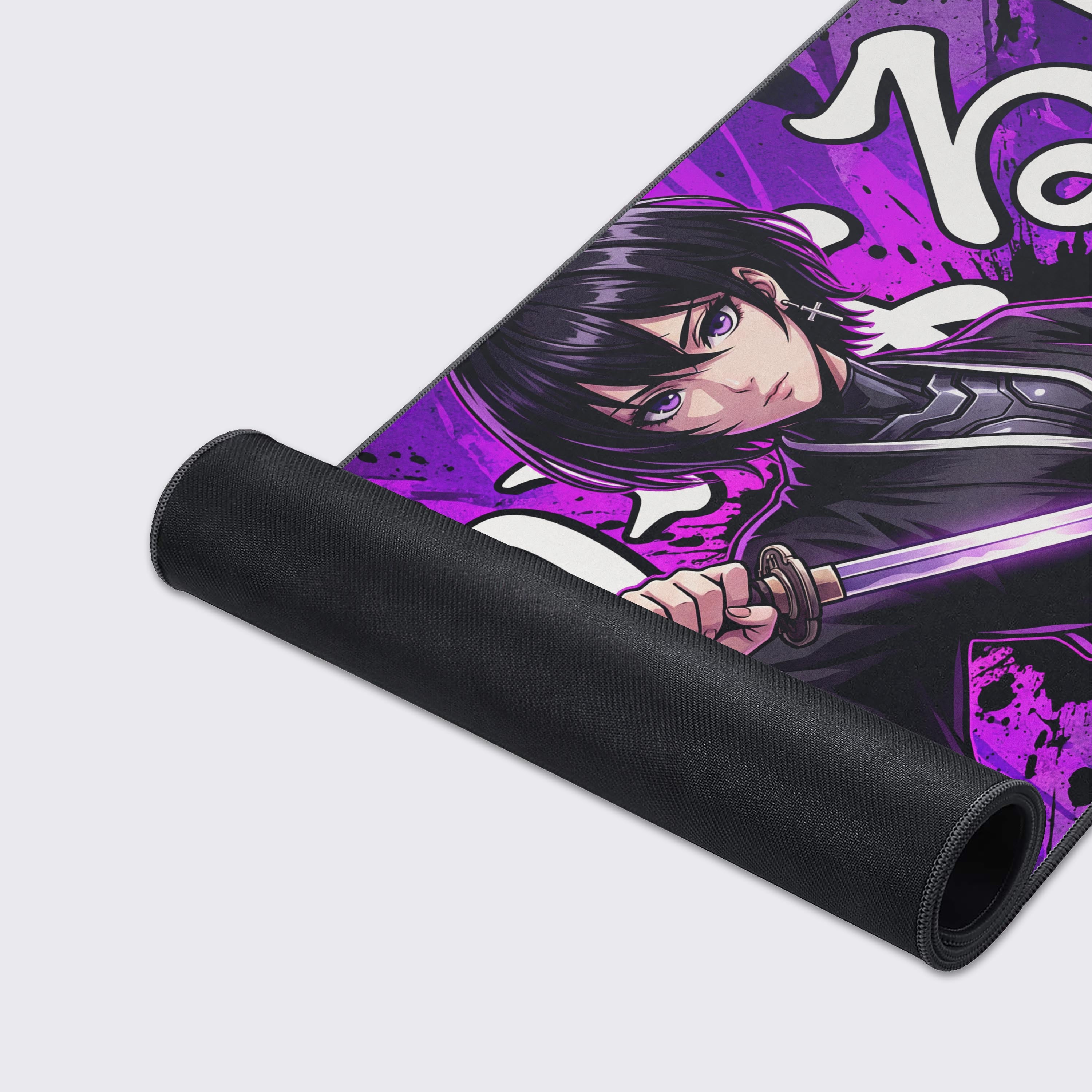 A close-up of the Blade of Silence mouse pad showing the smooth fabric texture and durable stitched edges, with the detailed anime warrior artwork prominently displayed. - Epic Design Pads & Mousepads