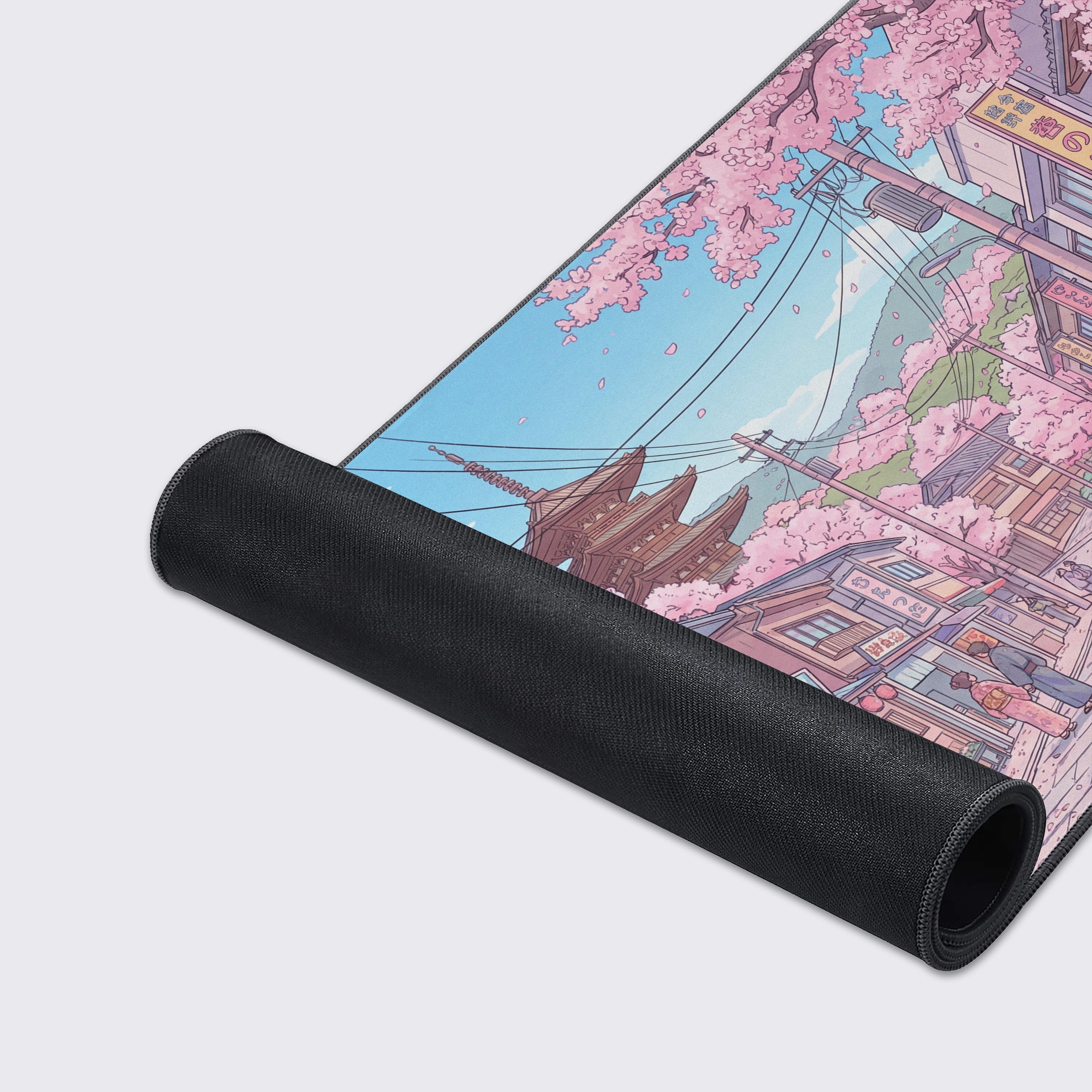 A close-up of the Blossom Lane gaming desk mat's premium textured surface and durable stitched edges, highlighting the detailed Japanese street art. - Epic Design Pads & Mousepads
