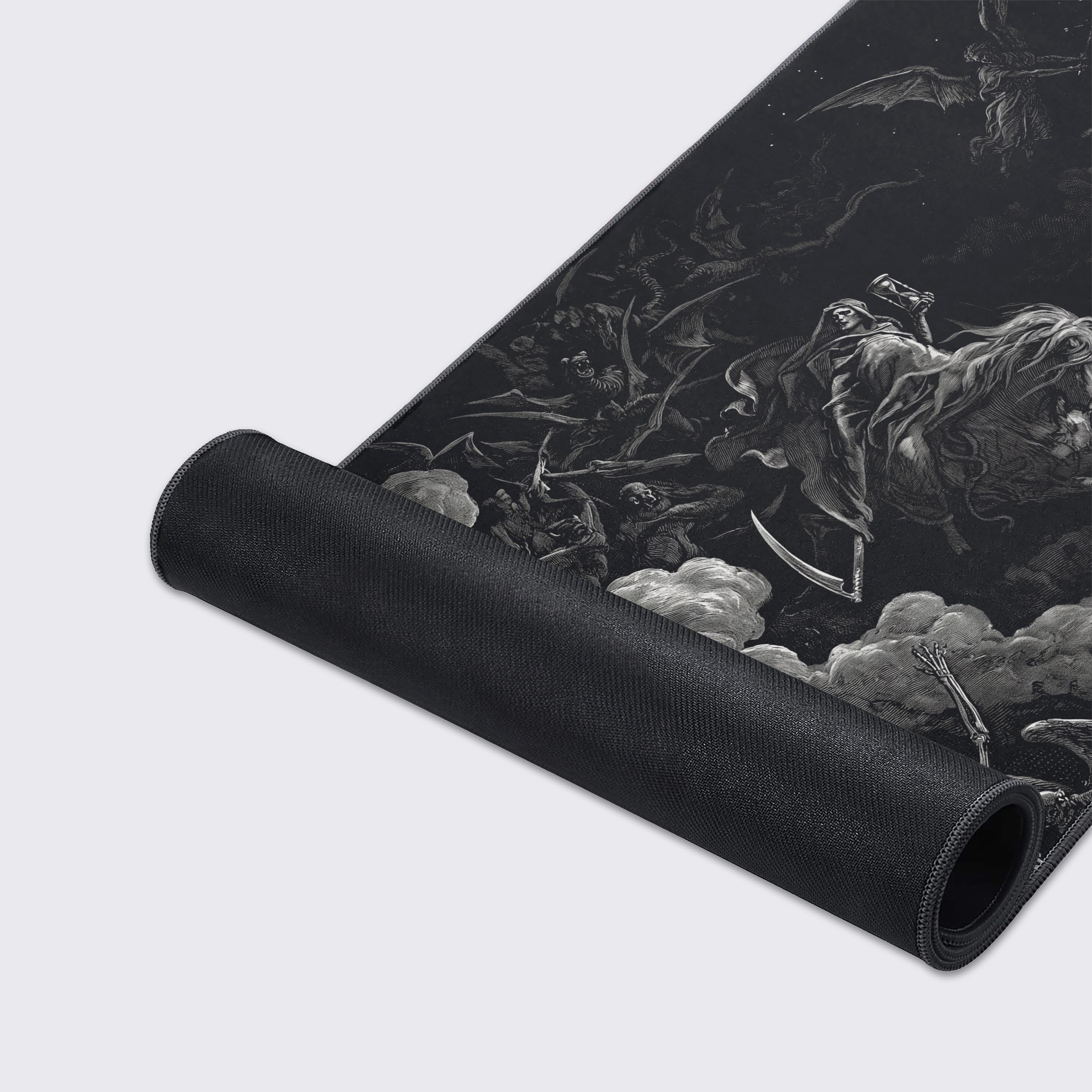 Close-up on the high-quality stitched edges and smooth fabric texture of the Vision of Death gaming desk mat, showcasing the detailed Gustave Doré artwork. - Epic Design Pads & Mousepads
