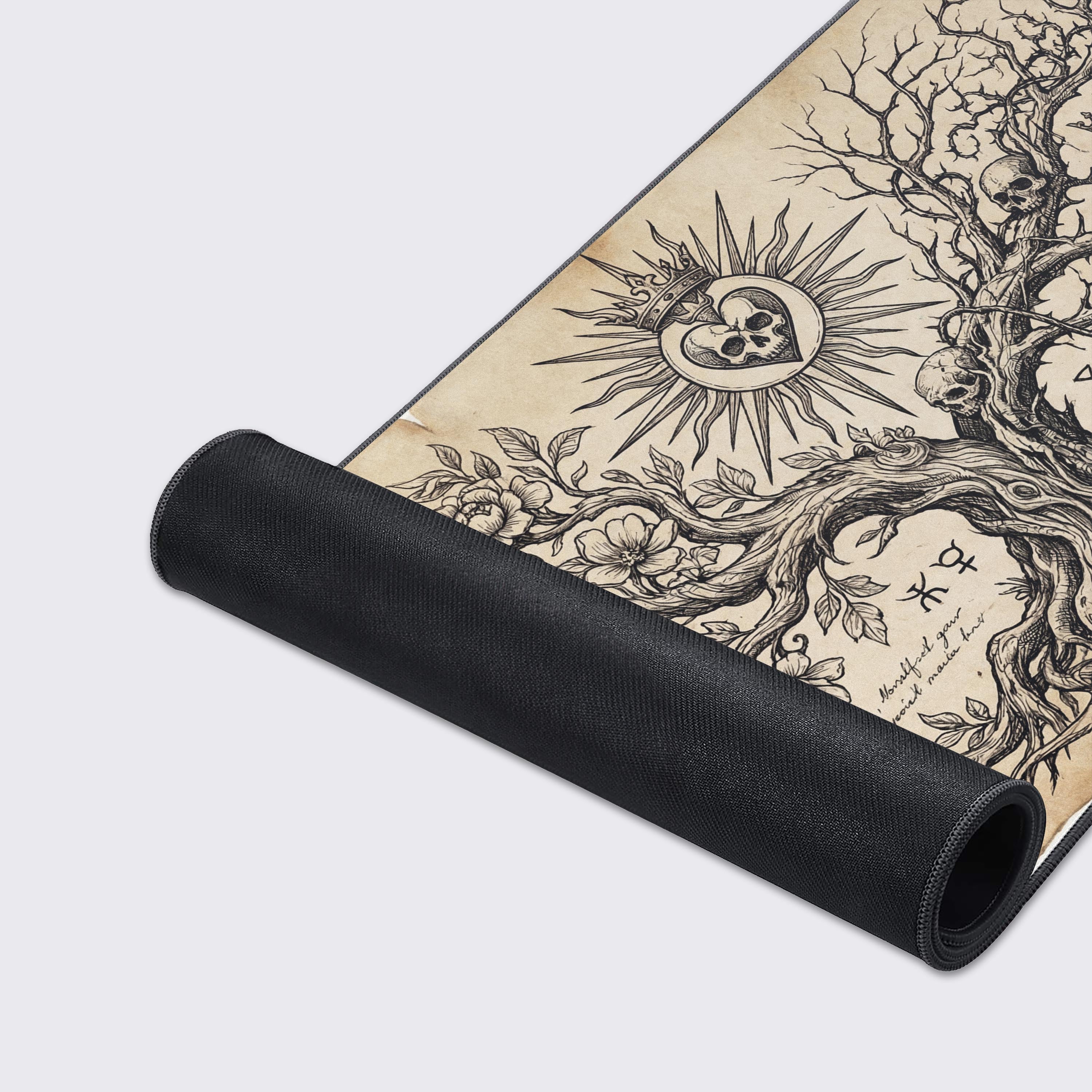 A close-up of the Vital Decay desk mat's texture and stitched edges, highlighting the detailed skull illustration. A perfect mouse pad for precision. - Epic Design Pads & Mousepads
