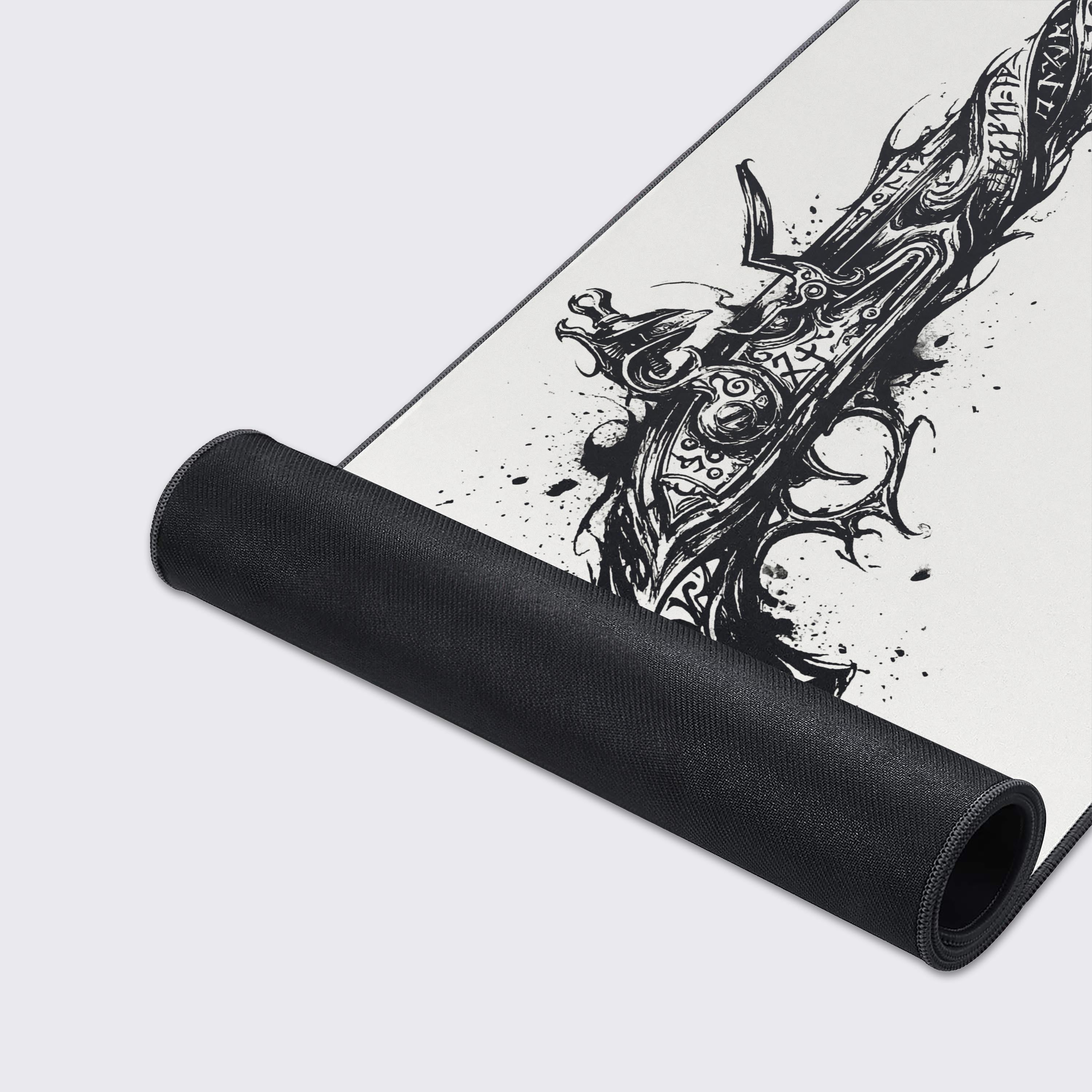 Close-up of the Arcane Flintlock gaming desk mat, highlighting the smooth fabric texture, stitched edges, and detailed black ink pistol illustration. - Epic Design Pads & Mousepads