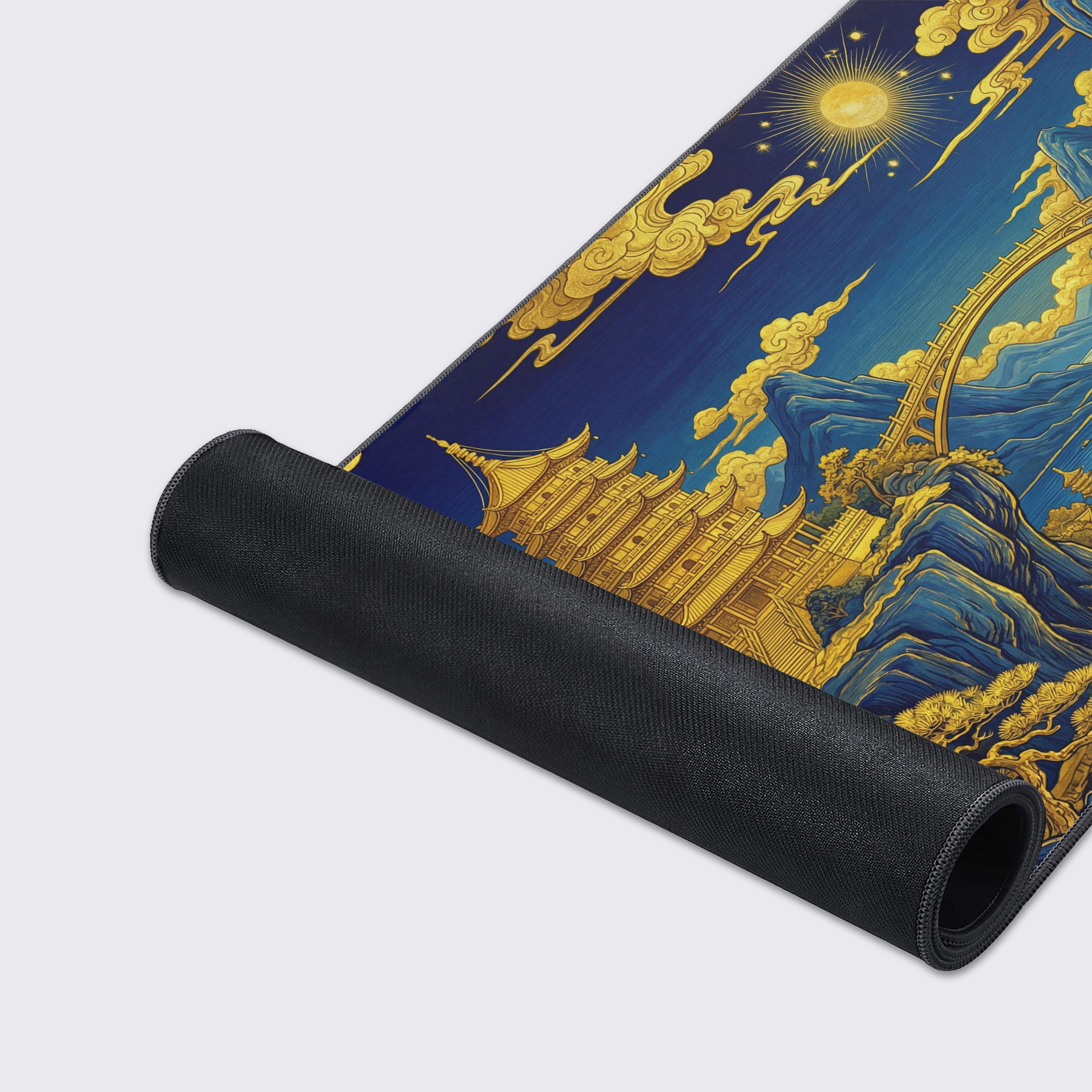 A close-up of the Gilded Dynasty mouse pad showcasing the vibrant Chinese art, smooth fabric texture, and durable anti-fray stitched edges. - Epic Design Pads & Mousepads