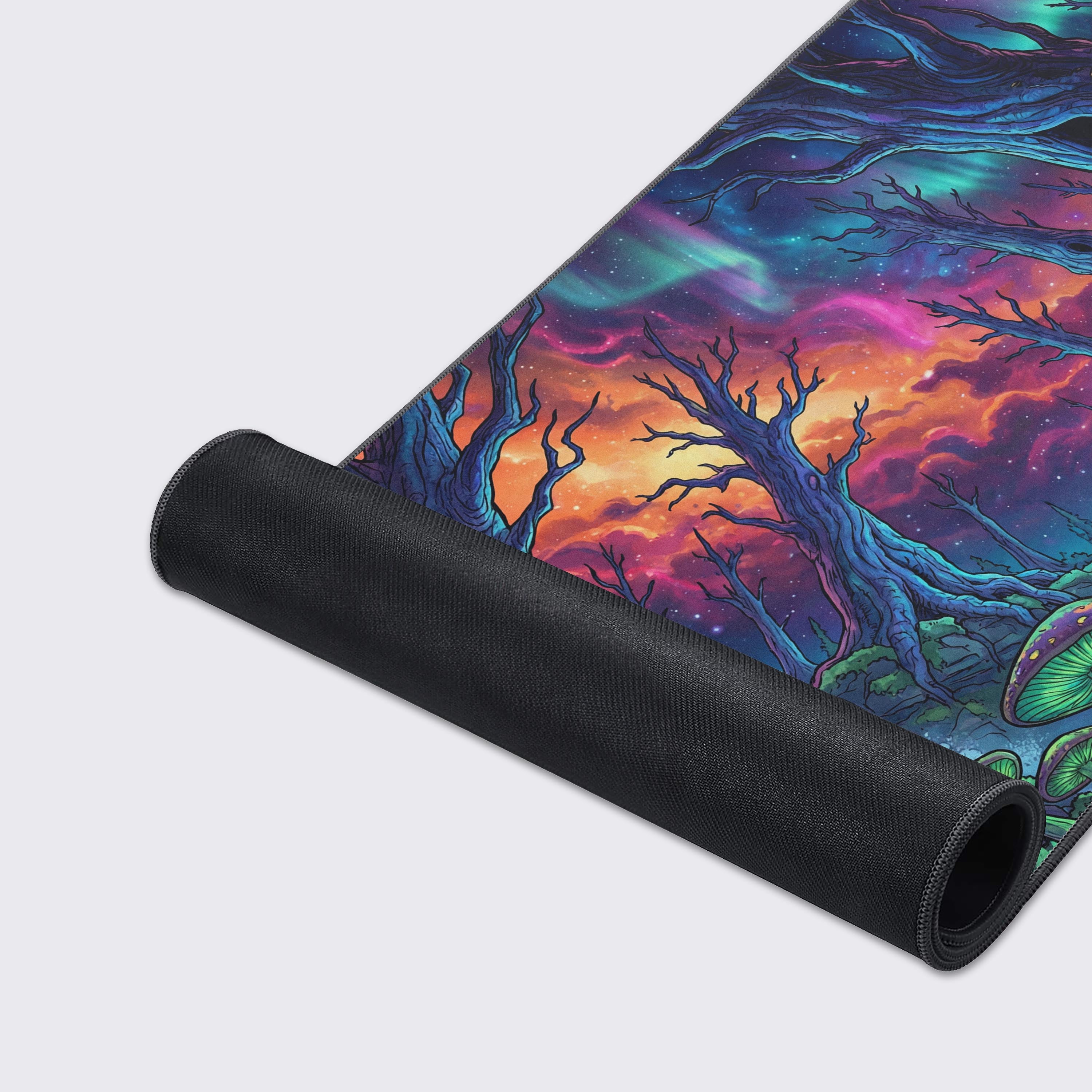 A close-up of the Nebula Forest mouse pad, showcasing the detailed artwork of glowing mushrooms and the quality anti-fray stitched edges. - Epic Design Pads & Mousepads