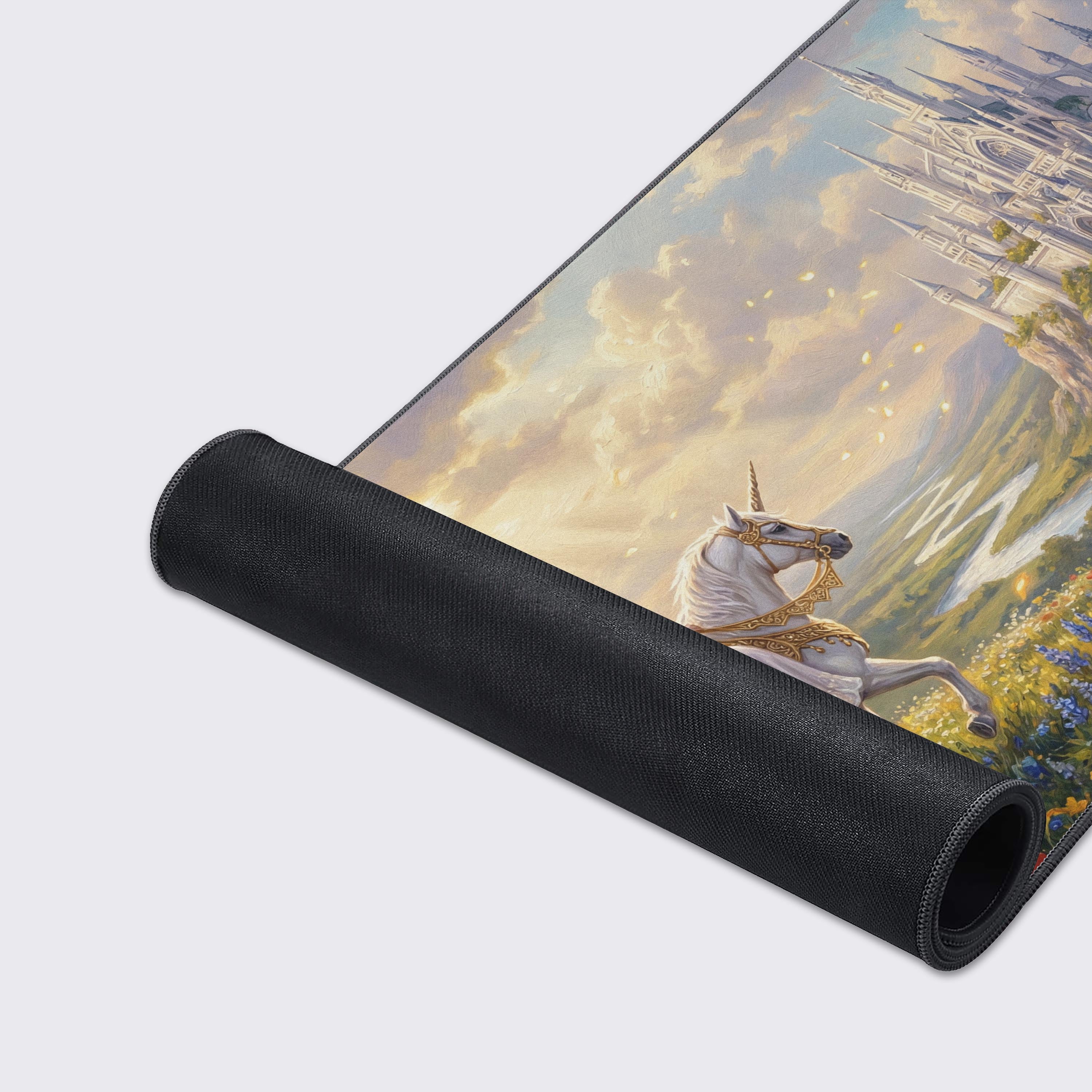 A close-up of the Ethereal Kingdom gaming desk mat, highlighting the detailed art, smooth fabric texture, and durable stitched edges. - Epic Design Pads & Mousepads