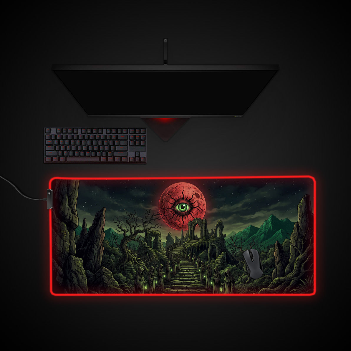 Crimson Ritual desk mat with RGB edge lighting
