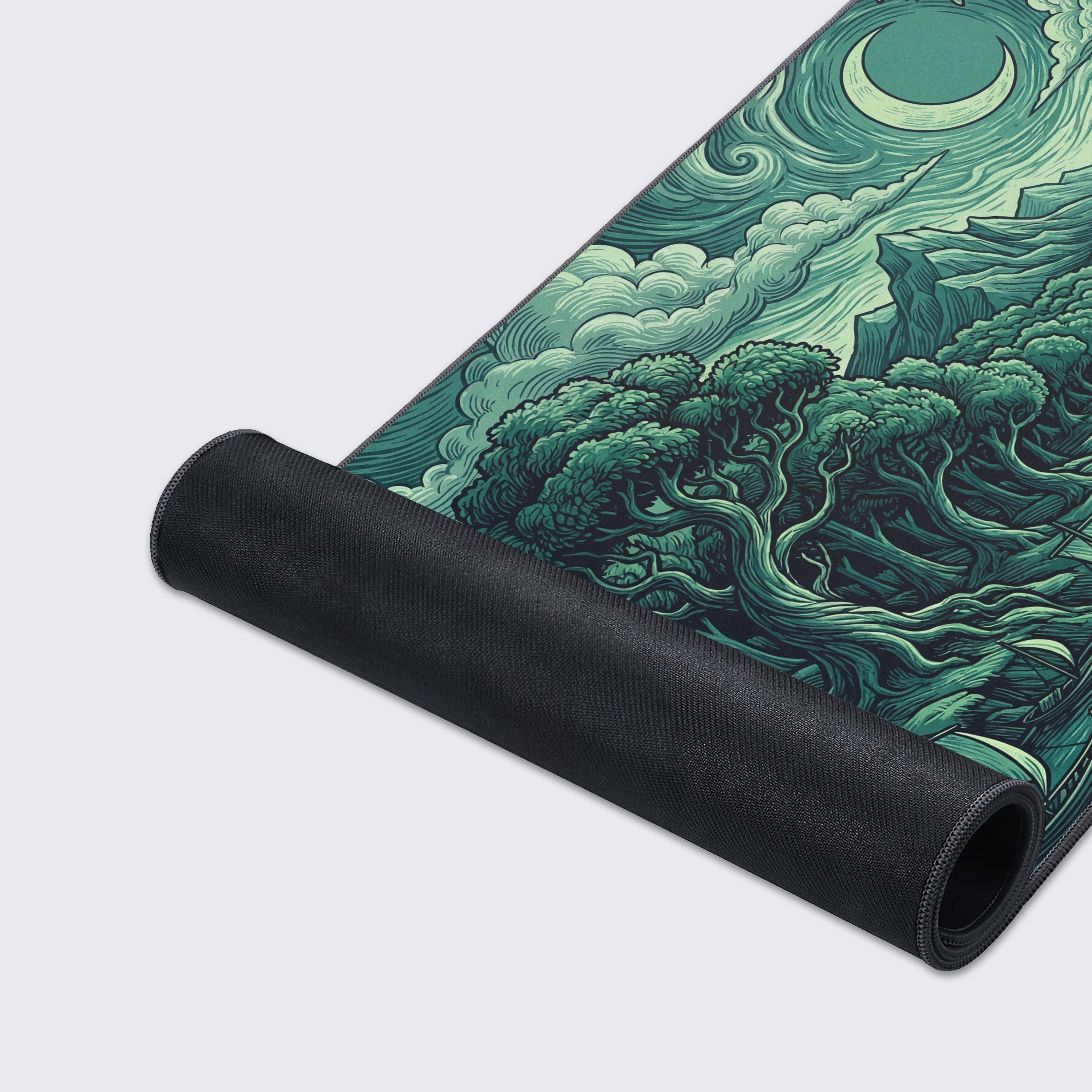 Close-up of the Silent Departure mouse pad's high-quality fabric and anti-fray stitched edges, highlighting the intricate woodcut-style forest artwork. - Epic Design Pads & Mousepads