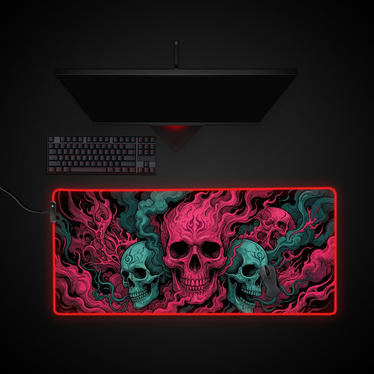 Crimson Trinity desk mat with RGB edge lighting