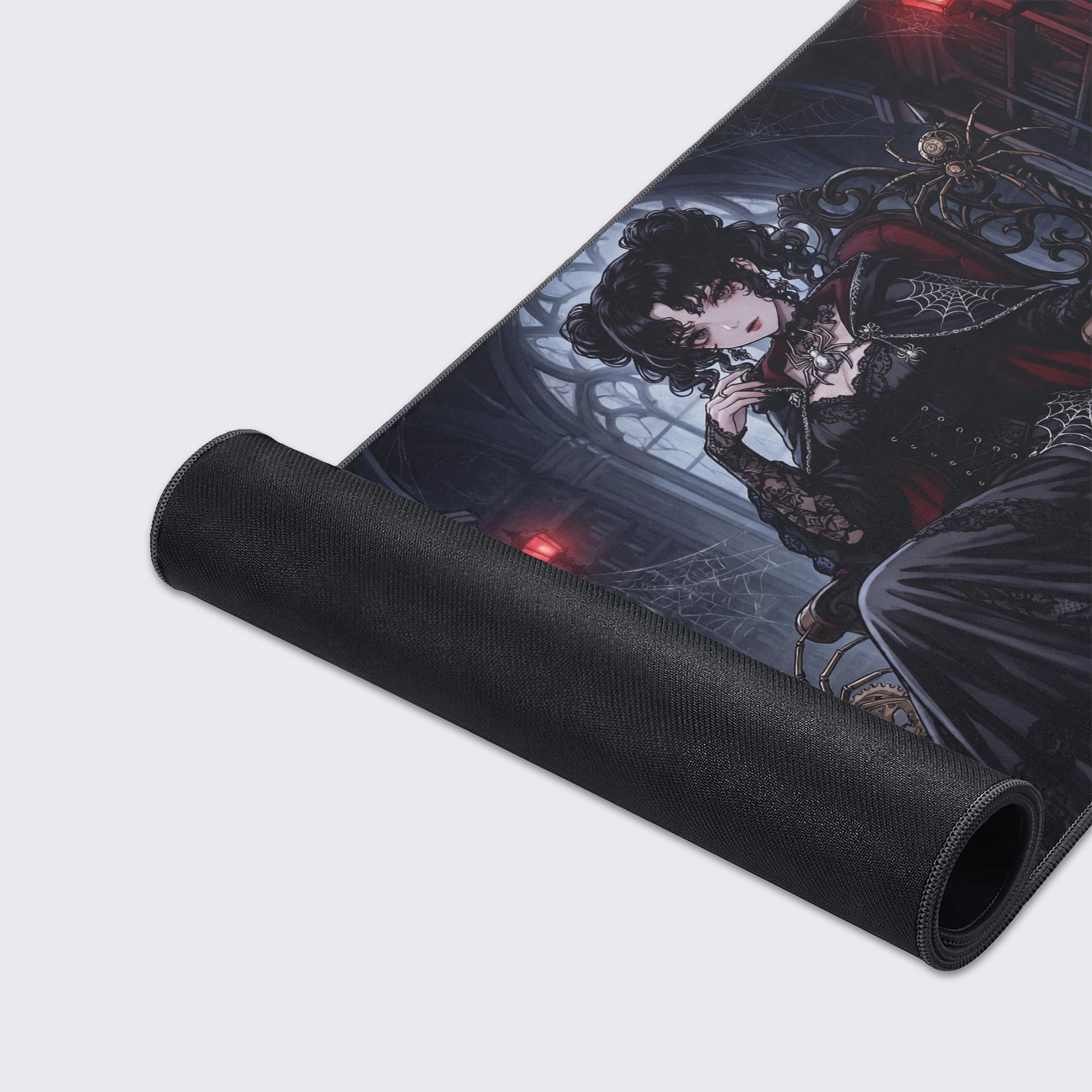 A close-up of the Weaver's Throne mouse pad, highlighting the detailed gothic art, smooth fabric texture, and durable stitched edges. - Epic Design Pads & Mousepads