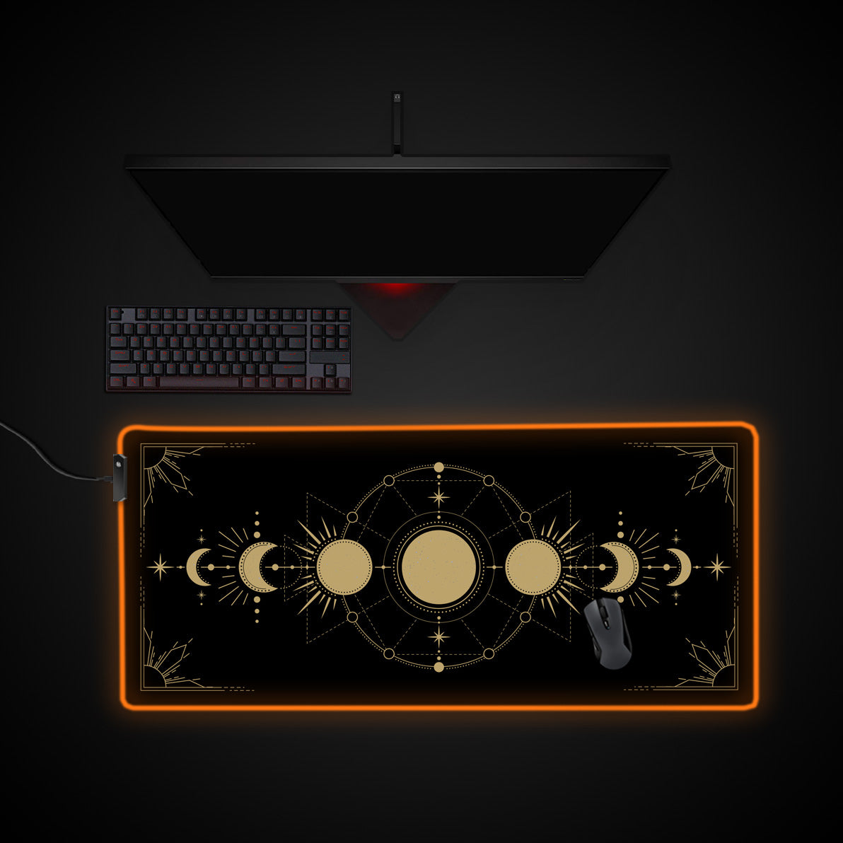 Celestial Cycles desk mat with RGB edge lighting