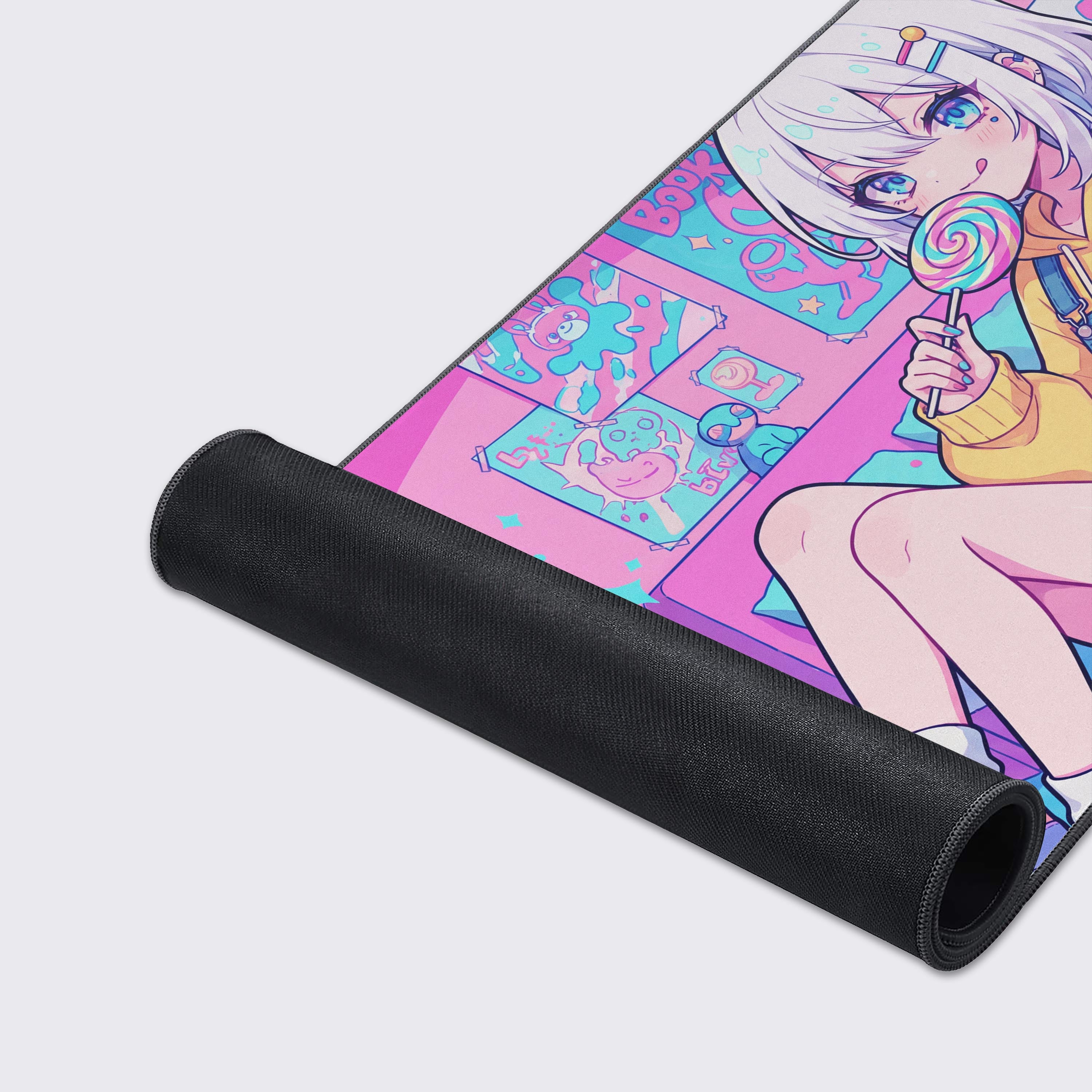 A detailed close-up of the Digital Daydream Gaming Desk Mat, highlighting the smooth texture, durable stitched edges, and high-quality print of the anime character. - Epic Design Pads & Mousepads