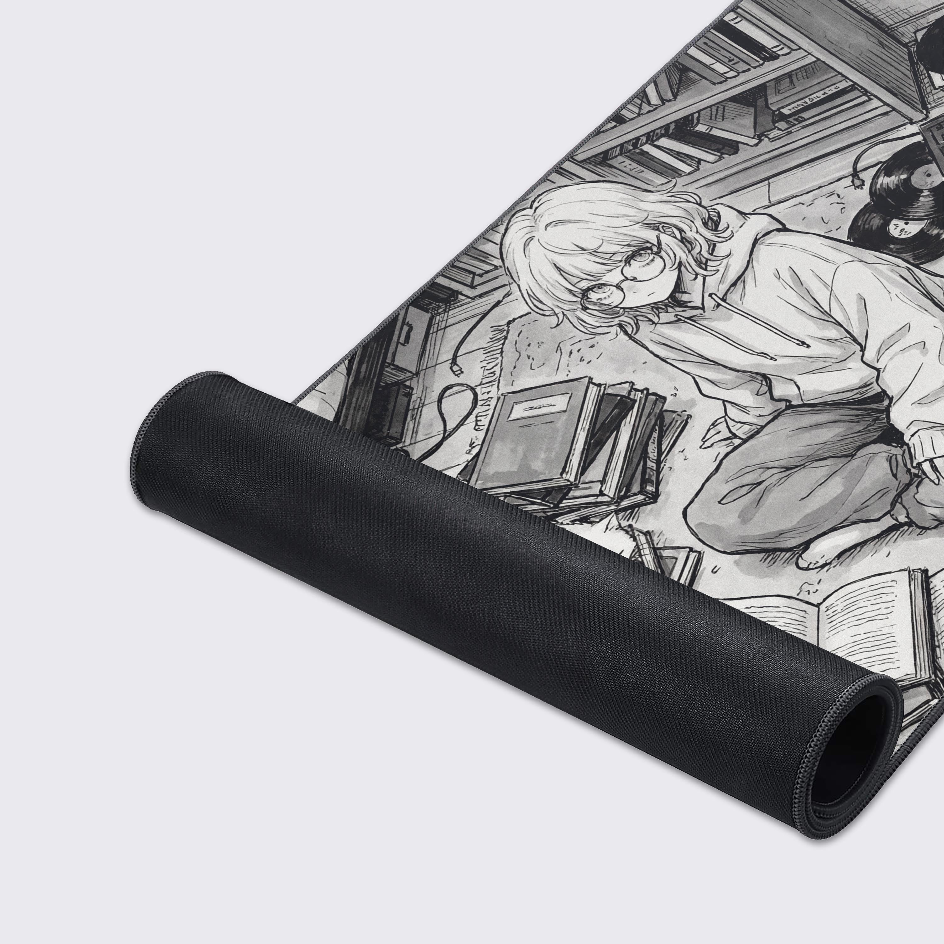 A close-up of the 'Quiet Composition' gaming desk mat, showing the durable stitched edges, smooth fabric texture, and detailed ink-wash artwork. - Epic Design Pads & Mousepads