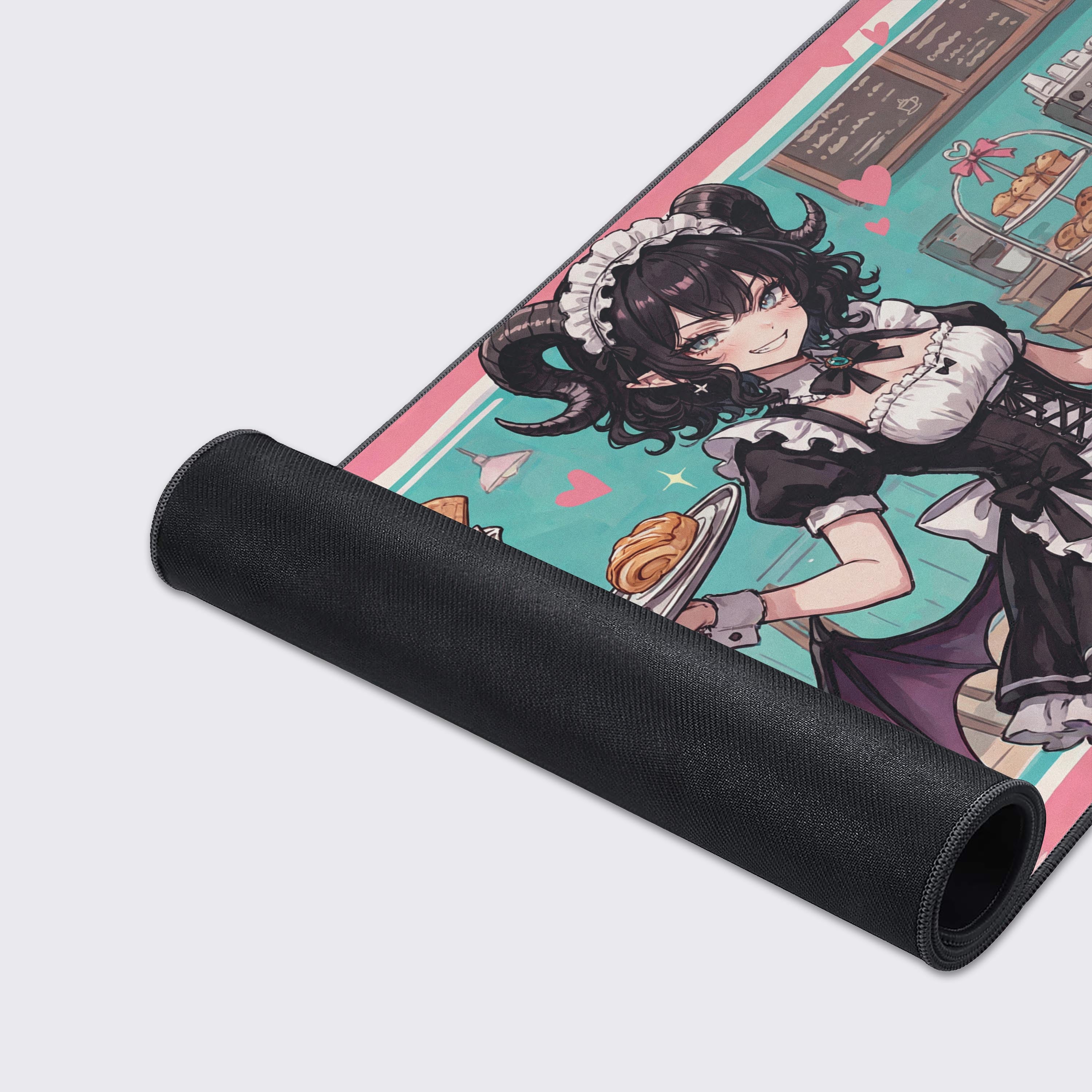 A close-up showcase of the 'Sweet Sin' gaming desk mat, highlighting the smooth fabric texture, durable stitched edges, and detailed artwork of the demon maid character. - Epic Design Pads & Mousepads