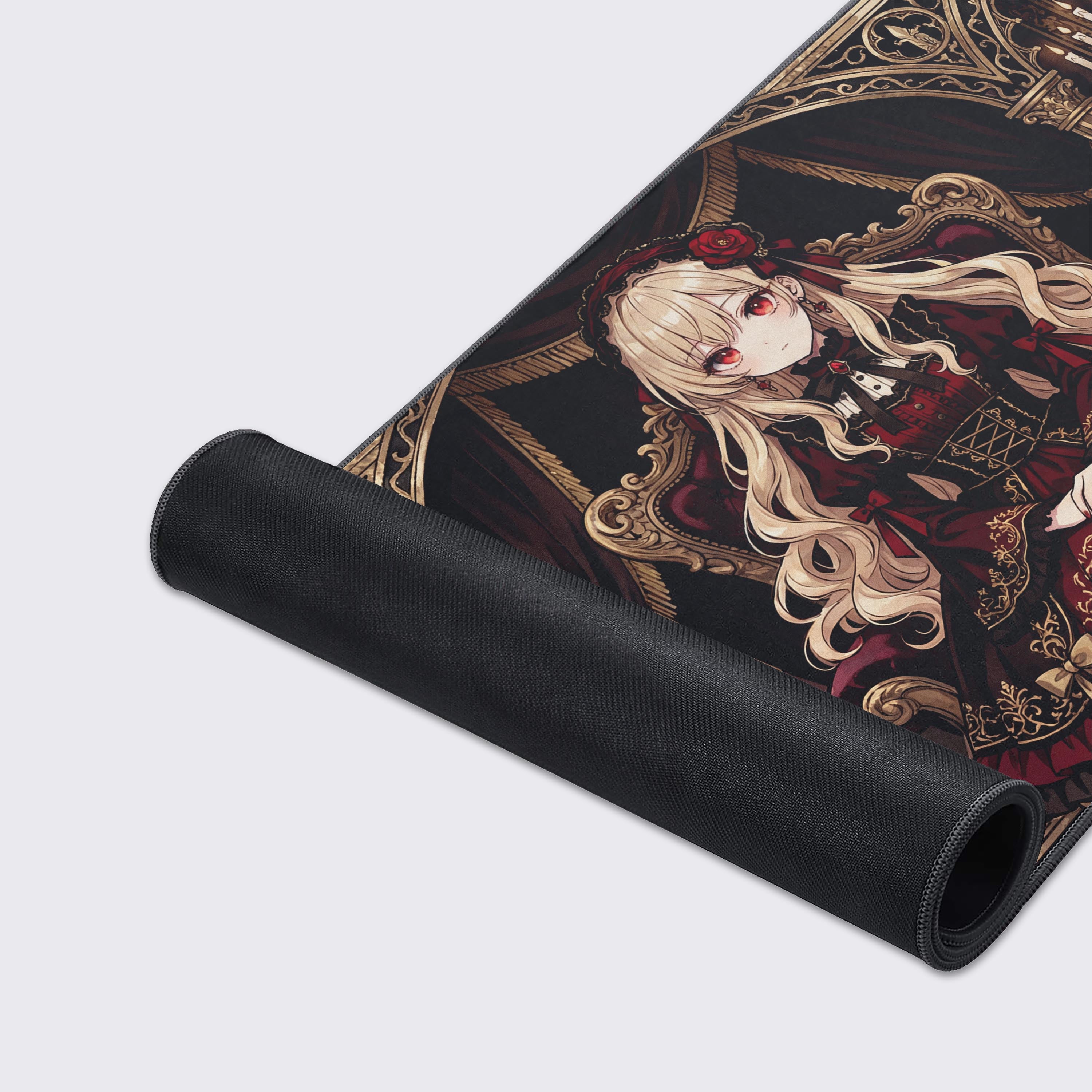Close-up of the Midnight Regency mouse pad's smooth surface and stitched edges, showcasing the detailed gothic anime and rose artwork. - Epic Design Pads & Mousepads