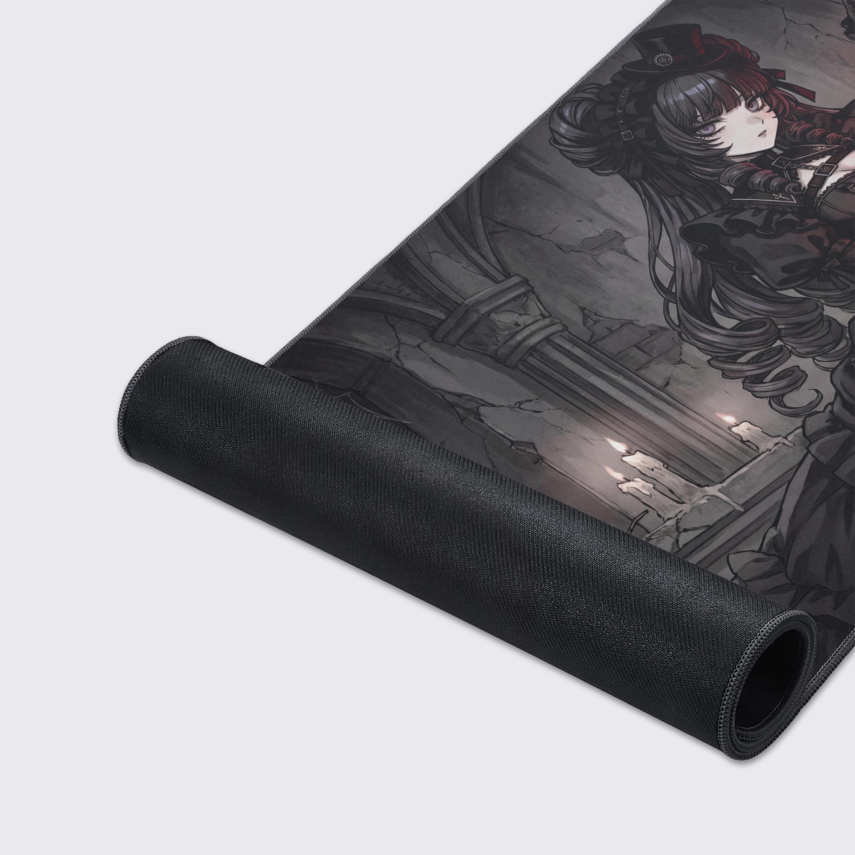 Close-up of the Shadowed Vigil mouse pad's smooth fabric and stitched edges, highlighting the detailed gothic anime artwork and steampunk gears. - Epic Design Pads & Mousepads