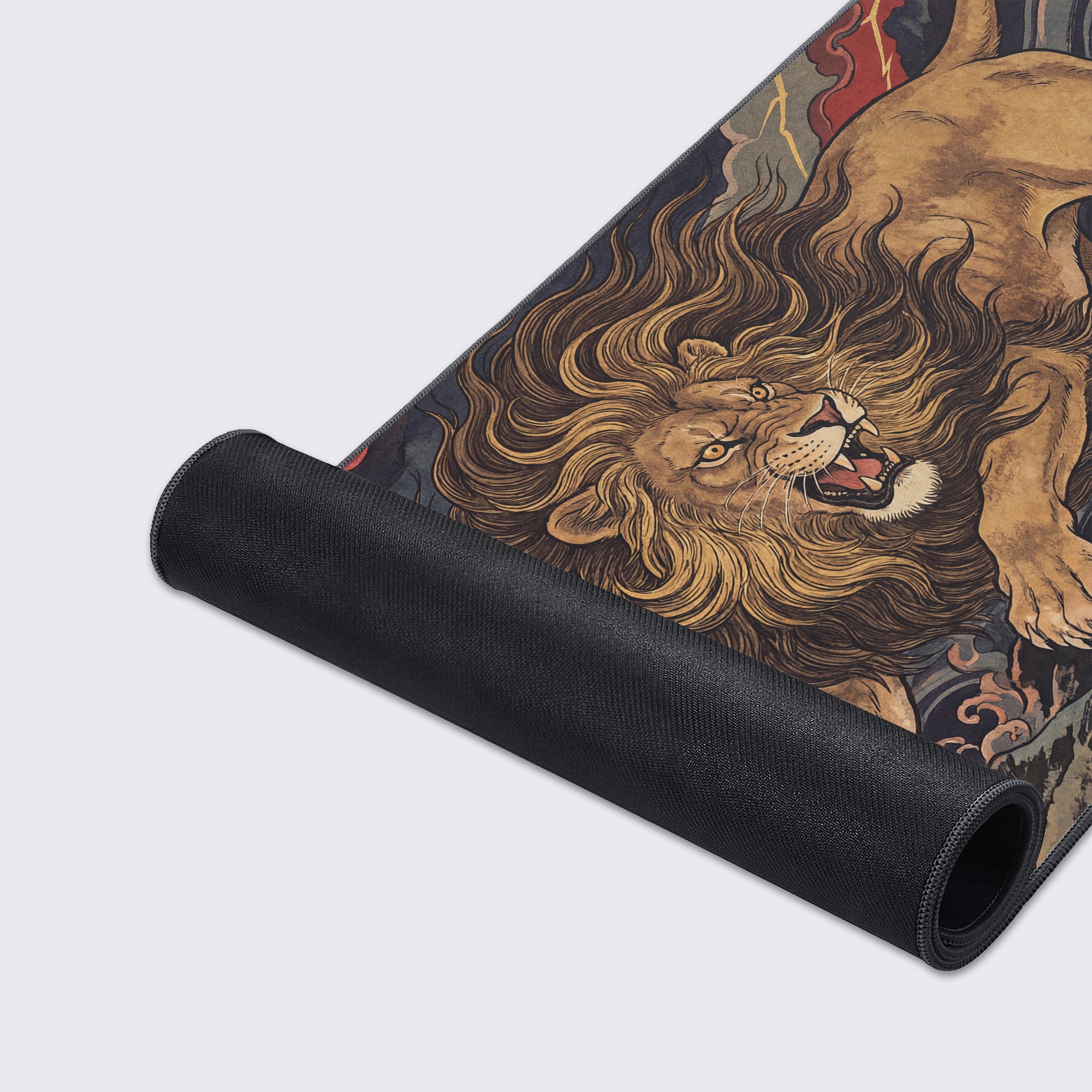 A close-up of the Imperial Roar gaming desk mat, highlighting the detailed lion illustration, premium fabric texture, and durable stitched edges. - Epic Design Pads & Mousepads