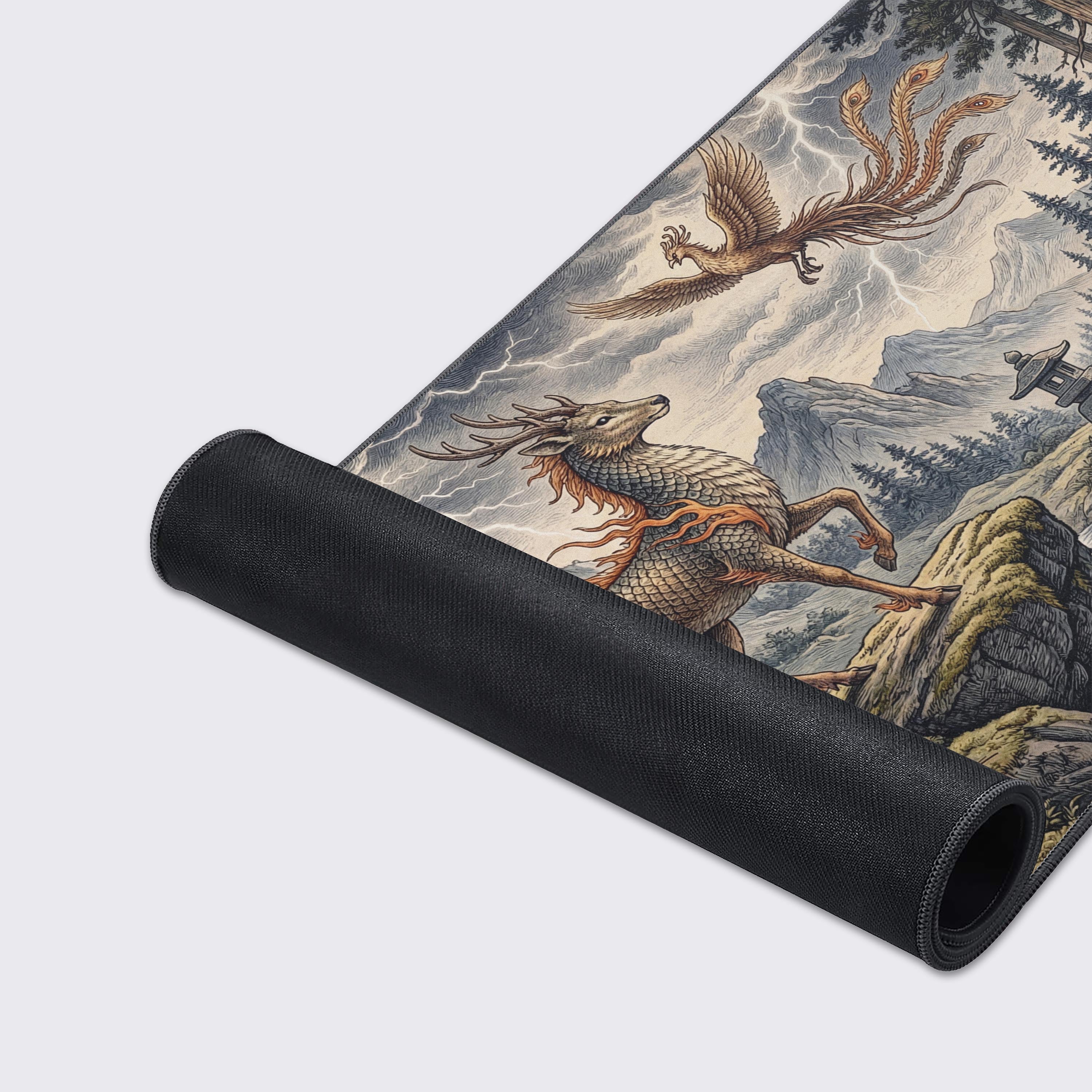 A close-up of the Sacred Harmony gaming desk mat, highlighting the high-quality fabric texture, durable stitched edges, and the detailed engraving-style artwork of a Kirin. - Epic Design Pads & Mousepads