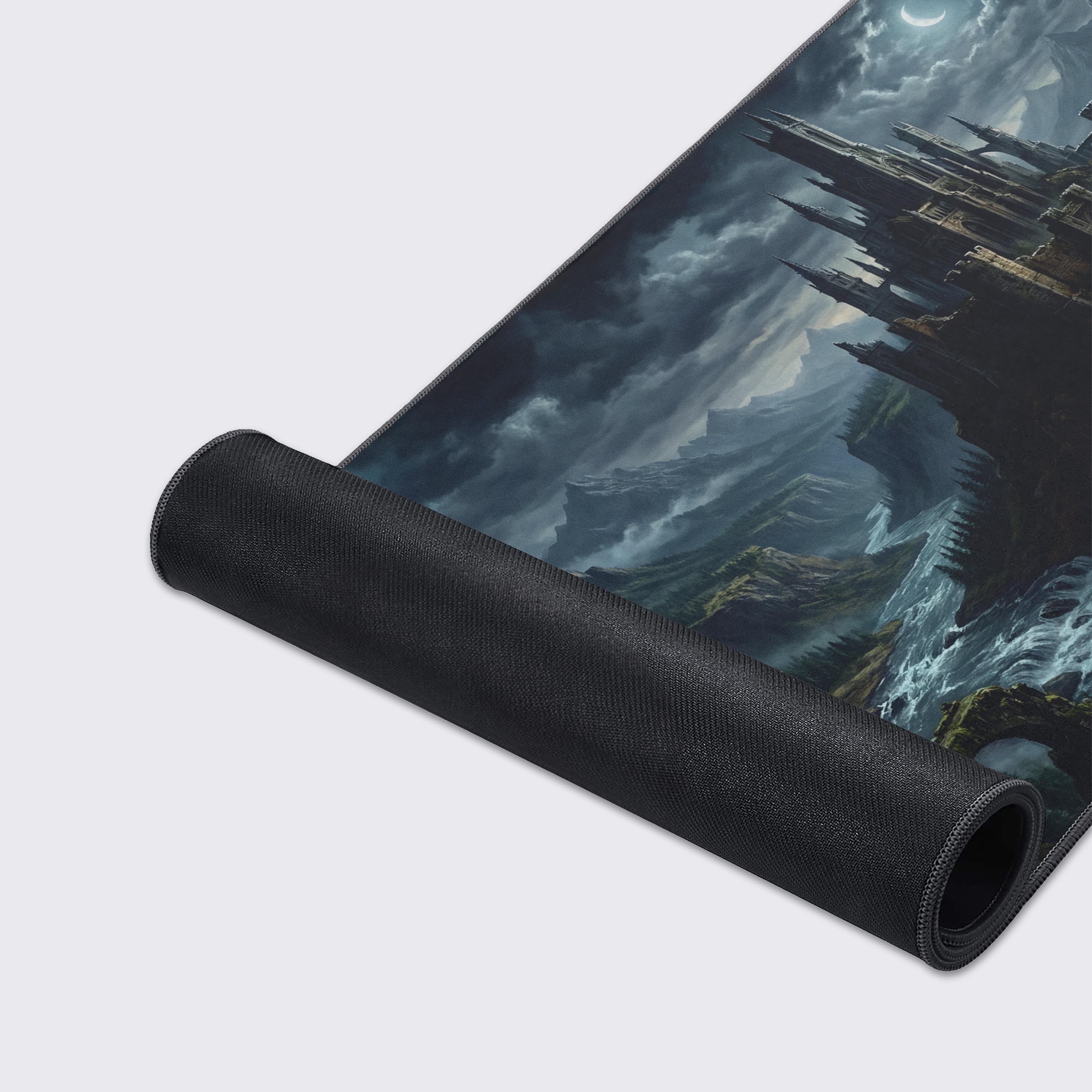 Close-up of the Forgotten Citadel gaming desk mat's detailed fabric texture and durable stitched edges, showcasing the high-quality print of the gothic castle landscape. - Epic Design Pads & Mousepads
