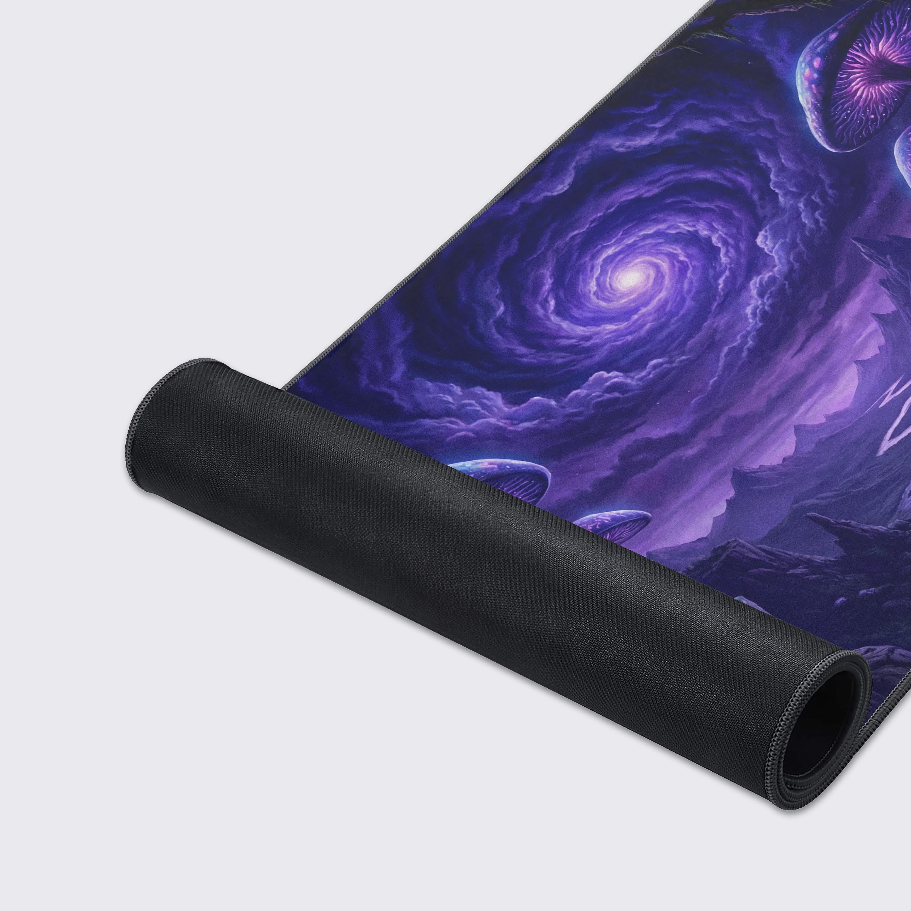 A close-up of the Spore Horizon mouse pad's smooth fabric texture and stitched edges, highlighting the detailed, magical mushroom artwork. - Epic Design Pads & Mousepads
