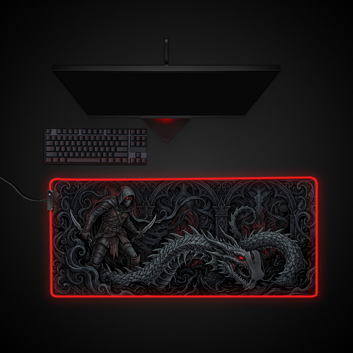 Shadowborn Hunter desk mat with RGB edge lighting