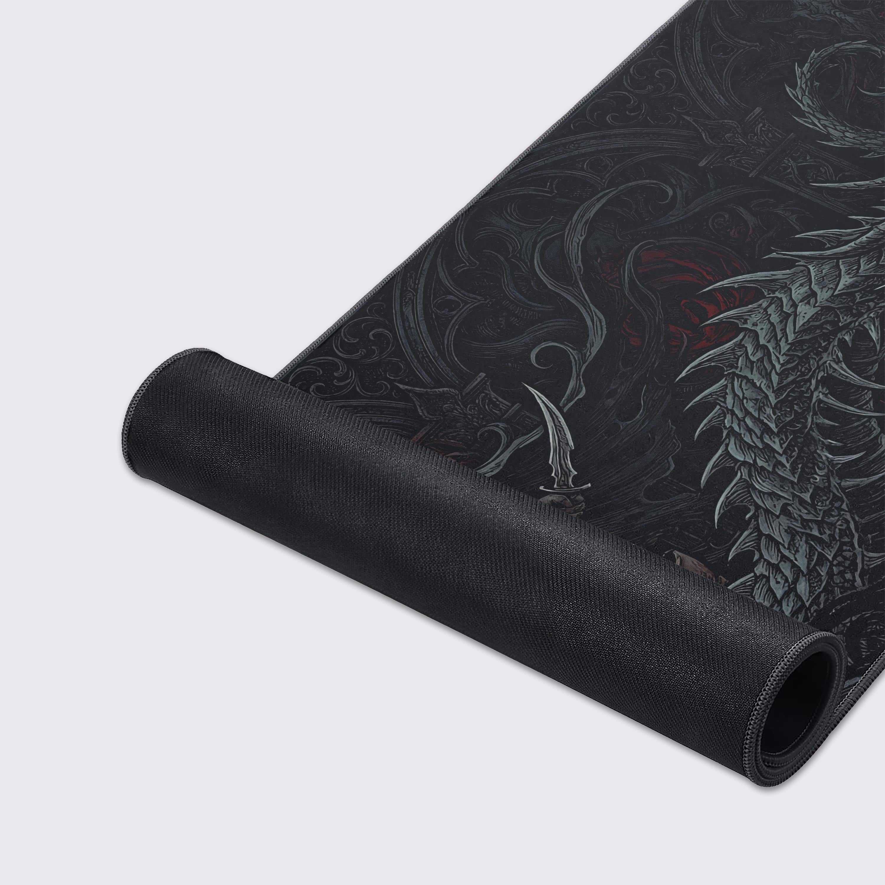 Close-up of the Shadowborn Hunter gaming desk mat, highlighting the detailed dragon artwork, premium fabric texture, and durable stitched edges for smooth mouse movement. - Epic Design Pads & Mousepads