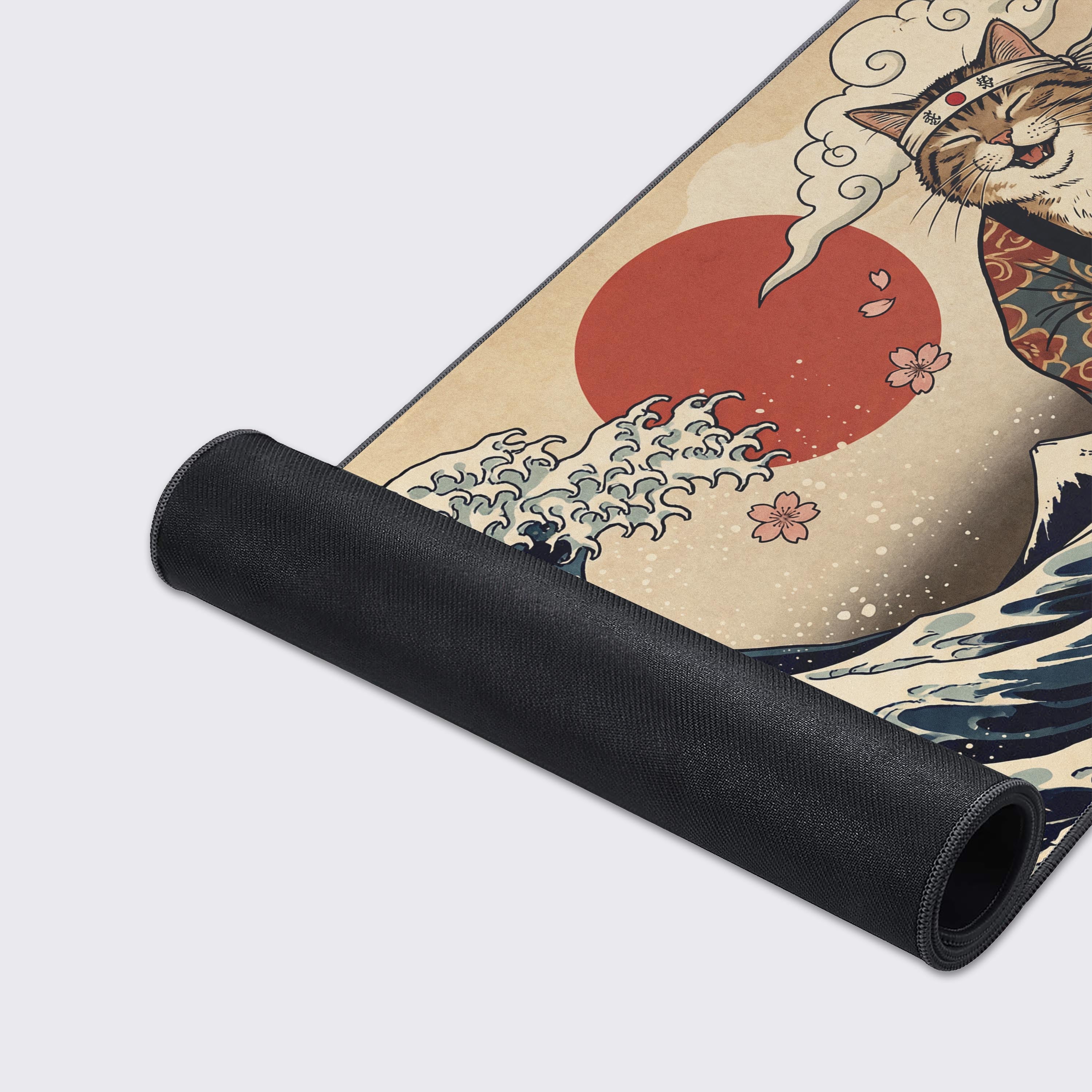 A close-up of the Shamisen Samurai mouse pad, highlighting the smooth fabric texture and durable stitched edges. The vibrant Ukiyo-e artwork of the cat and wave is clearly visible. - Epic Design Pads & Mousepads