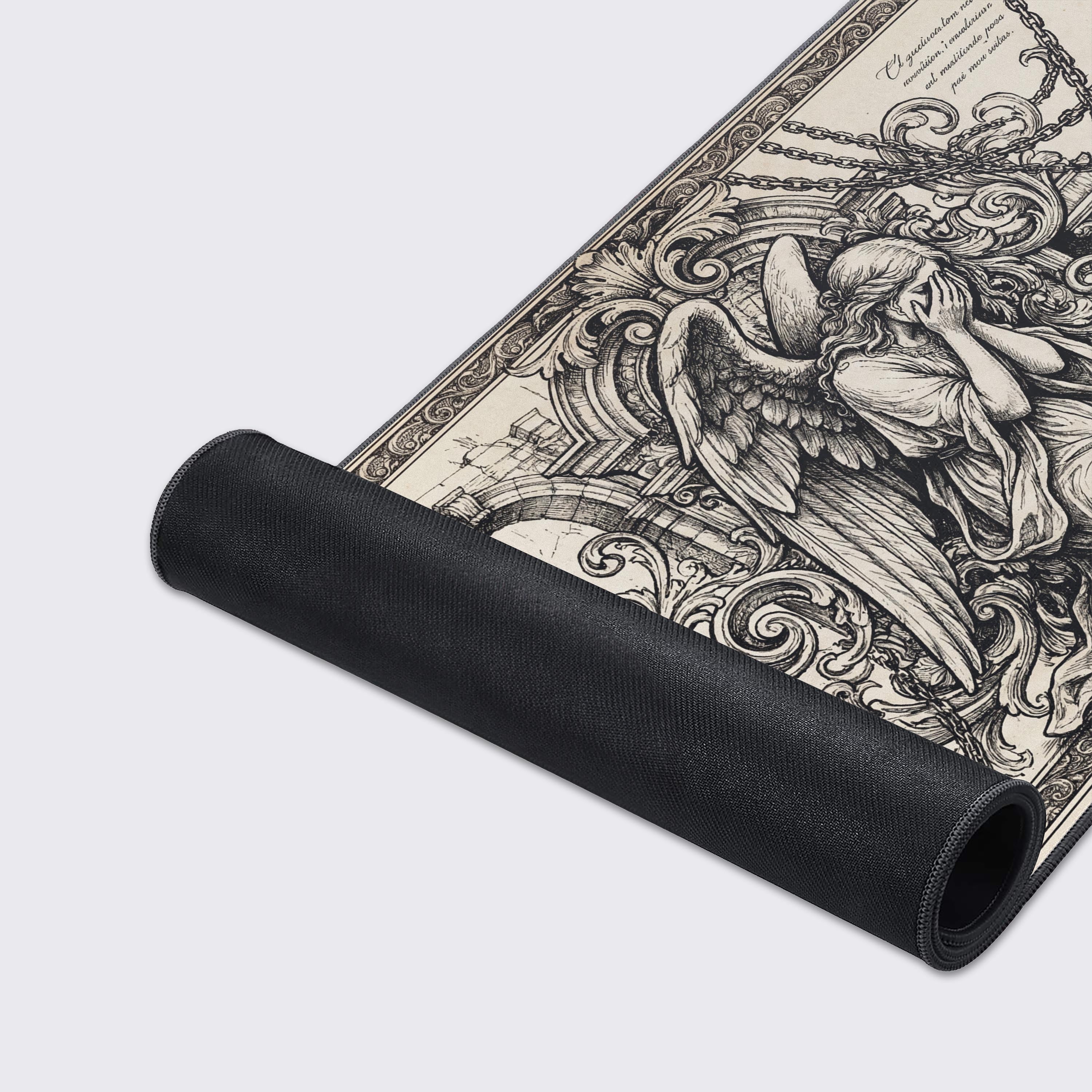A close-up view of the Angelic Sorrow gaming desk mat, showing the fine texture of the fabric and the durable anti-fray stitched edges of the design. - Epic Design Pads & Mousepads