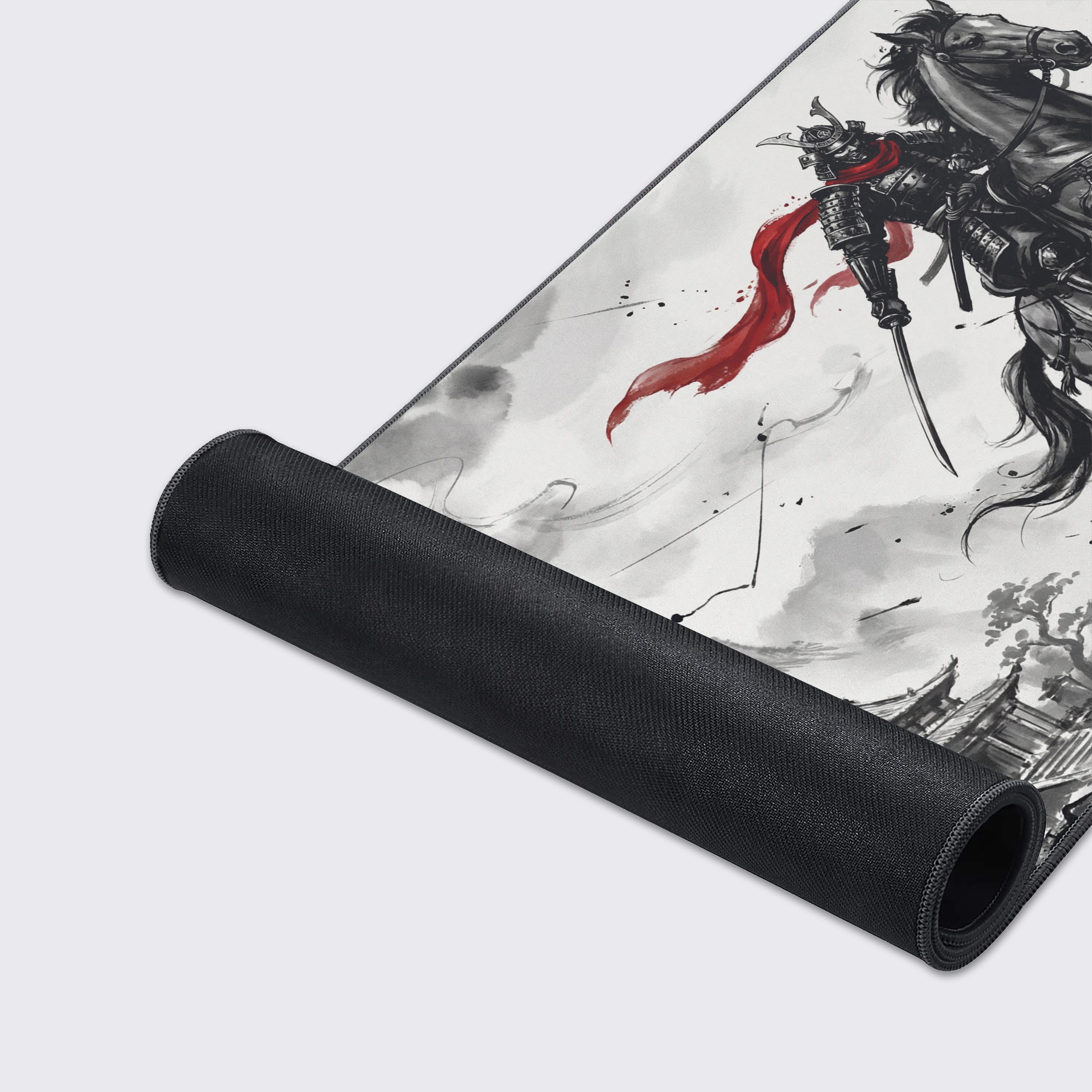 A close-up of the Crimson Rider mouse pad's high-quality fabric texture and durable stitched edges, highlighting the detailed samurai artwork. - Epic Design Pads & Mousepads