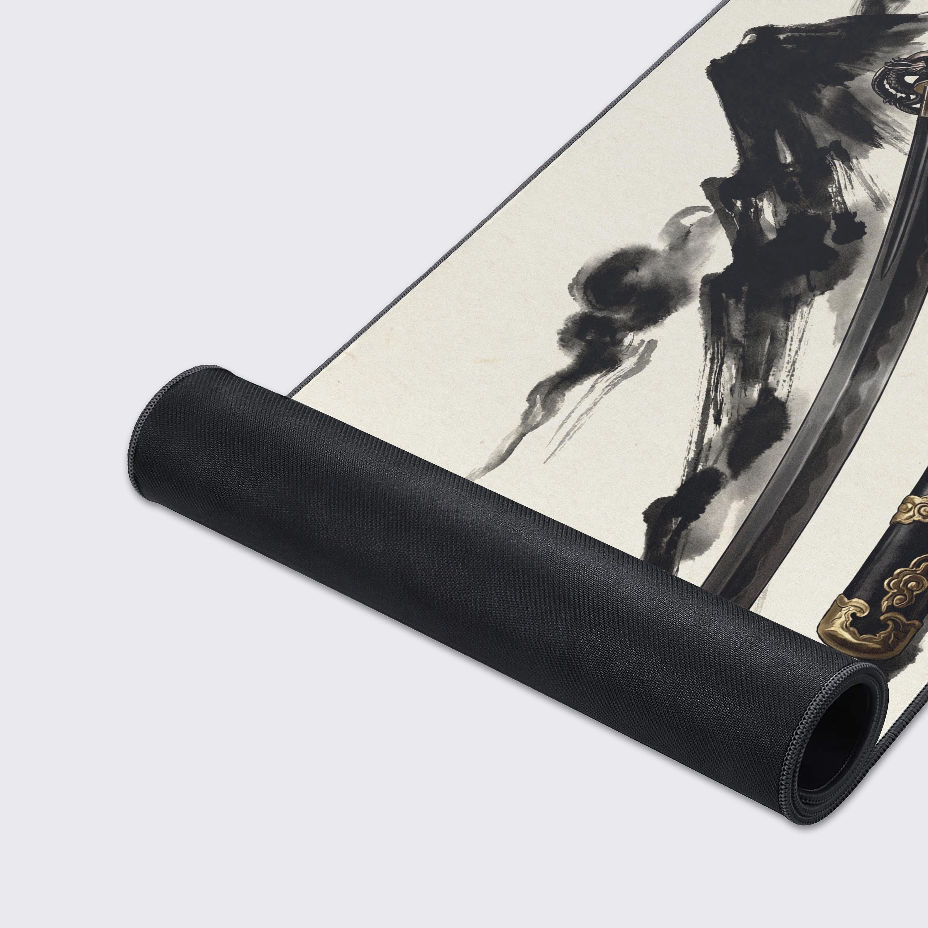A close-up of the Ink Katana gaming desk mat highlighting its smooth texture, stitched edges, and the detailed ink wash artwork of a katana. - Epic Design Pads & Mousepads
