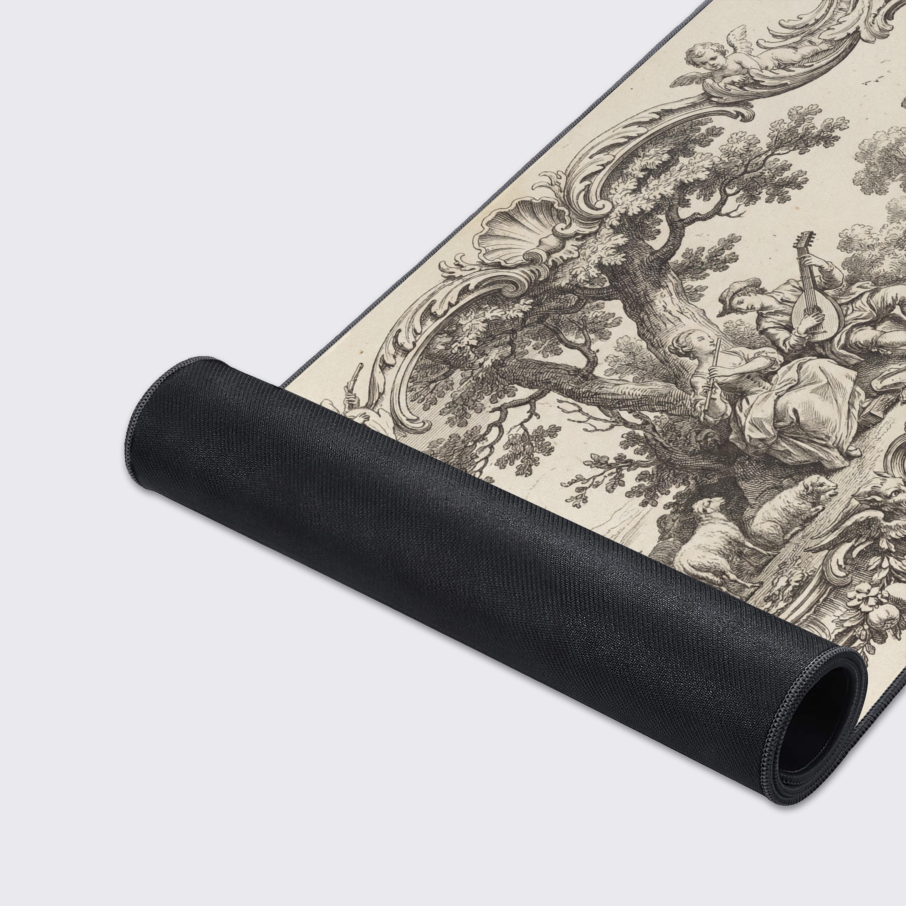 A close-up of the Baroque Garden mouse pad's ultra-smooth texture and durable stitched edges, highlighting the detailed black and white engraving-style art. - Epic Design Pads & Mousepads