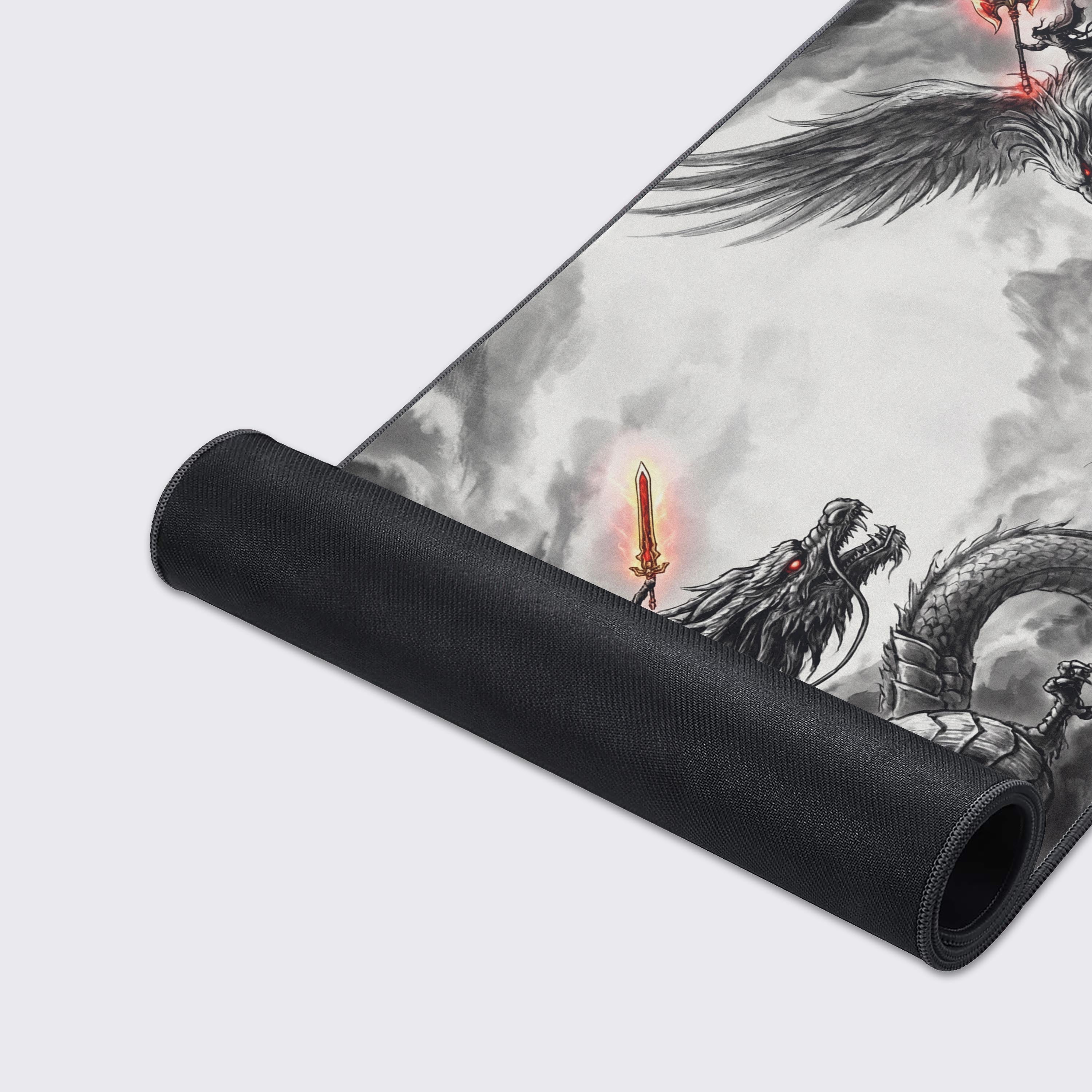 A close-up of the Skyward Clash gaming desk mat's high-quality textured surface and stitched edges, showcasing the detailed ink-wash style dragon artwork. - Epic Design Pads & Mousepads
