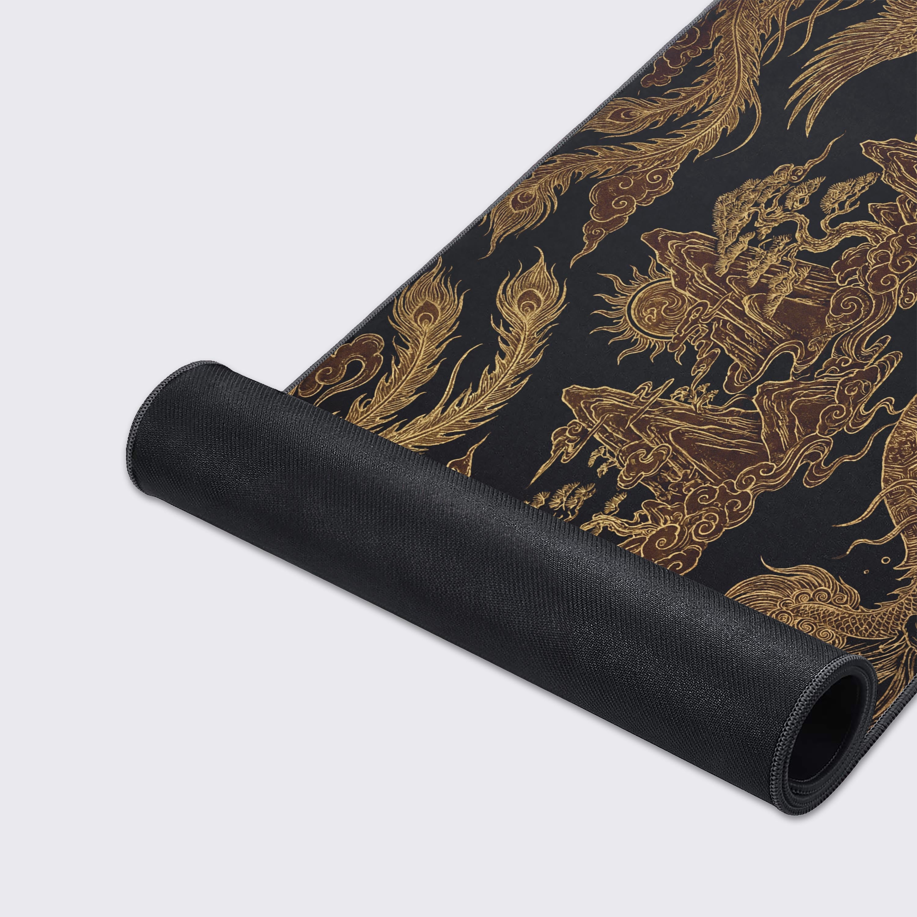 Close-up of the Prosperity Weave mouse pad showing its detailed gold mythological artwork, smooth fabric texture, and durable stitched edges for long-lasting use. - Epic Design Pads & Mousepads