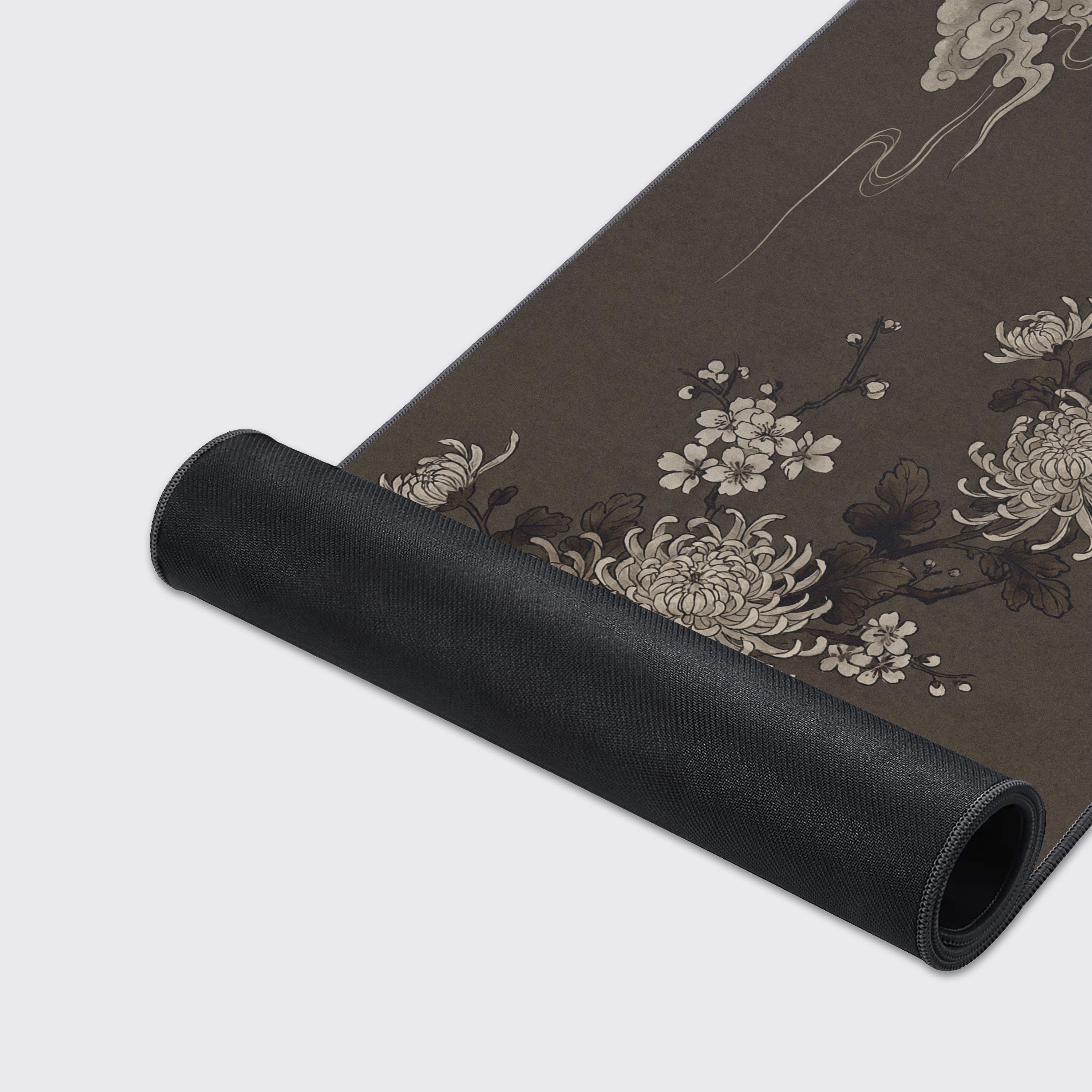 Close-up of the Night Blossom gaming desk mat, highlighting the high-quality fabric texture, stitched edges, and the detailed Japanese ink wash floral artwork. - Epic Design Pads & Mousepads