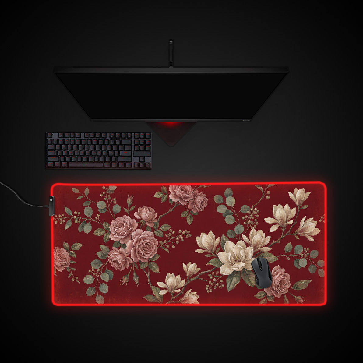 Burgundy Vintage desk mat with RGB edge lighting