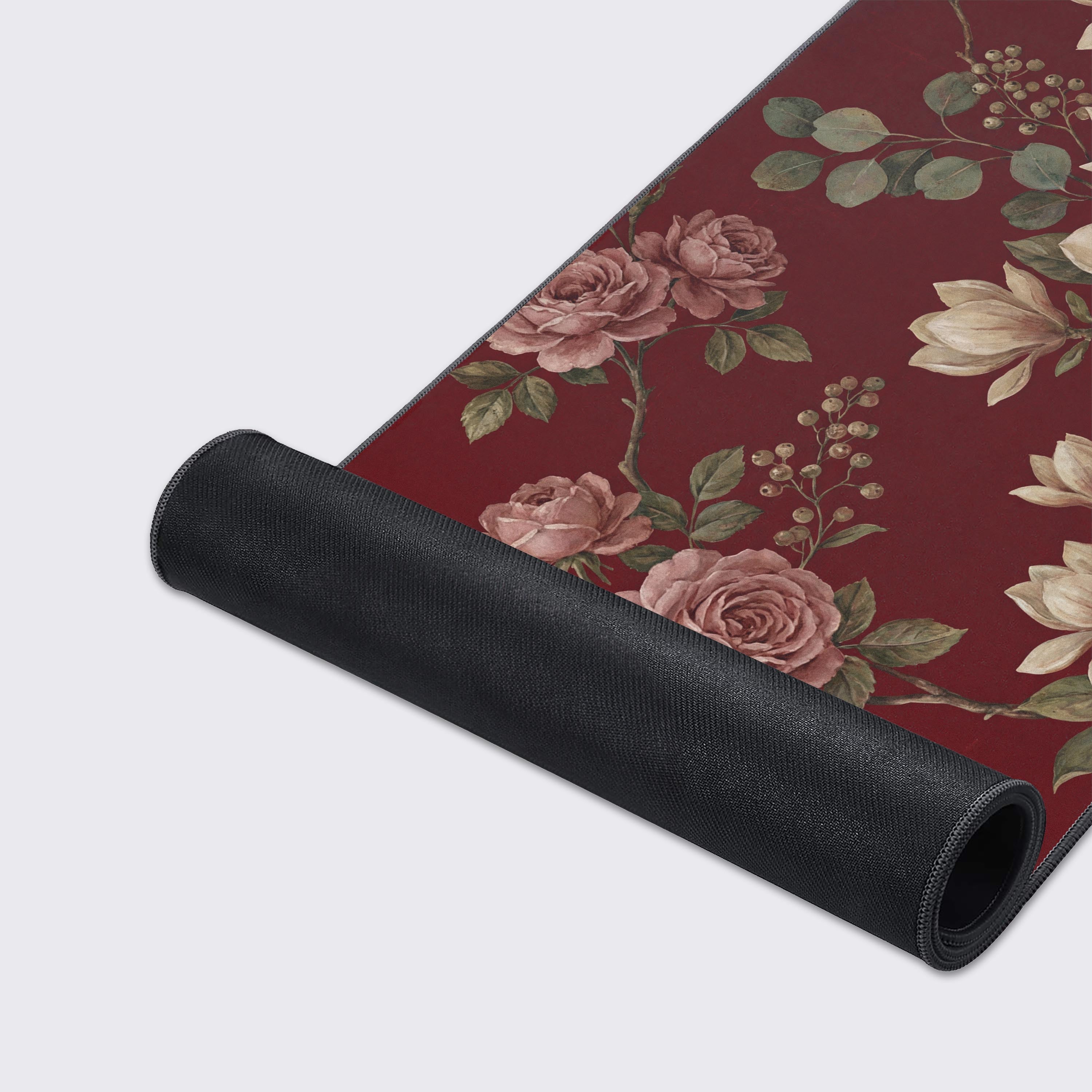 Close-up of the Burgundy Vintage mouse pad's smooth fabric texture and anti-fray stitched edges, highlighting the detailed red rose and magnolia artwork. - Epic Design Pads & Mousepads