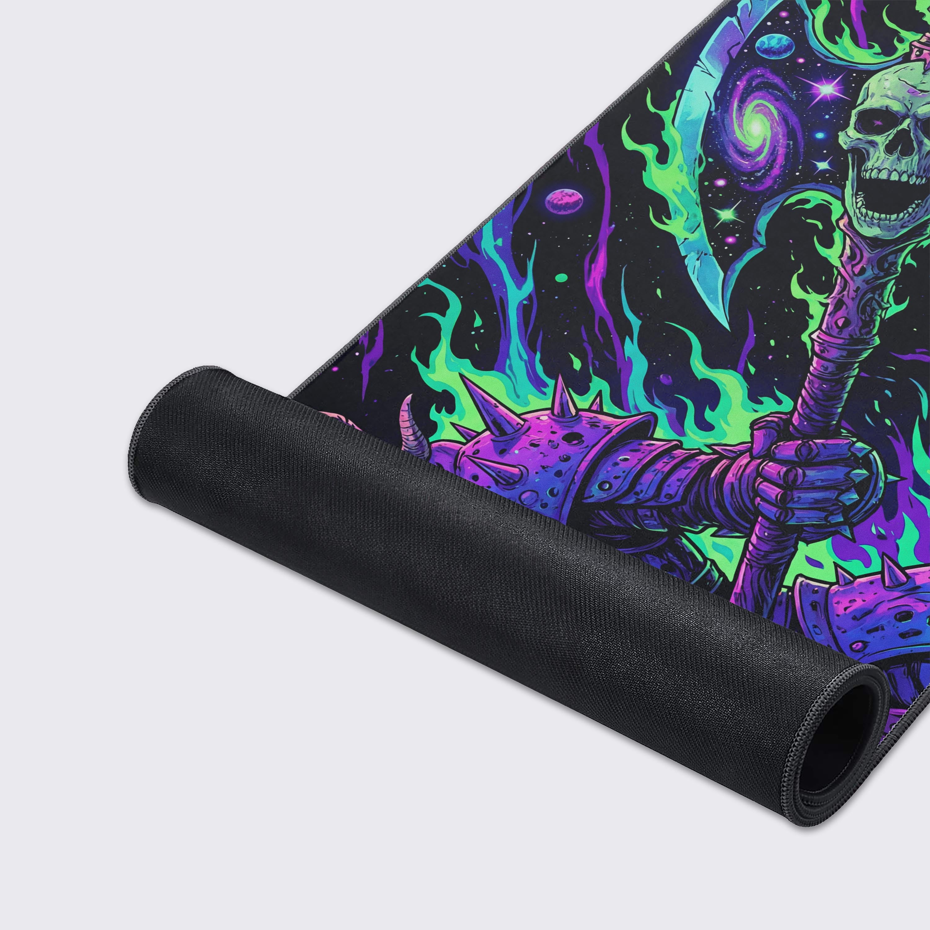 A close-up of the Galactic Warlord mouse pad's smooth texture and durable stitched edges, showcasing the detailed cosmic warrior artwork. - Epic Design Pads & Mousepads