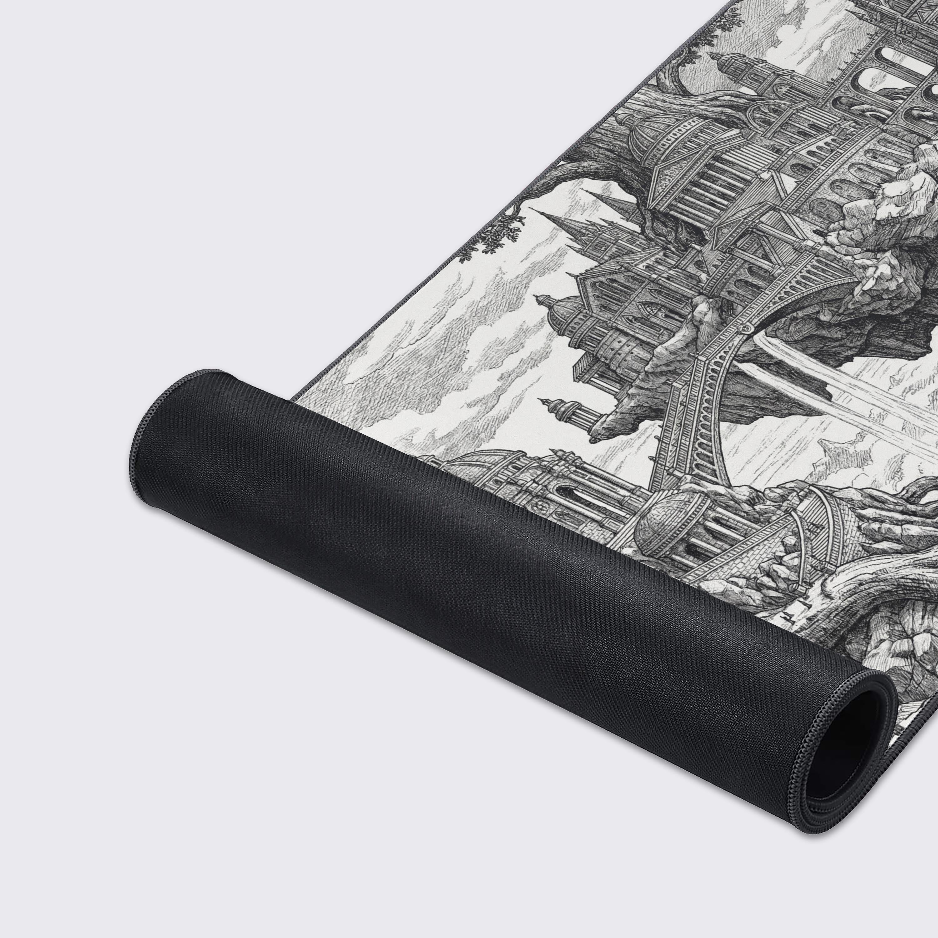 A close-up shot of the Scholar's Zenith mouse pad, highlighting the detailed etching-style artwork of a floating city and the durable, high-quality stitched edges. - Epic Design Pads & Mousepads