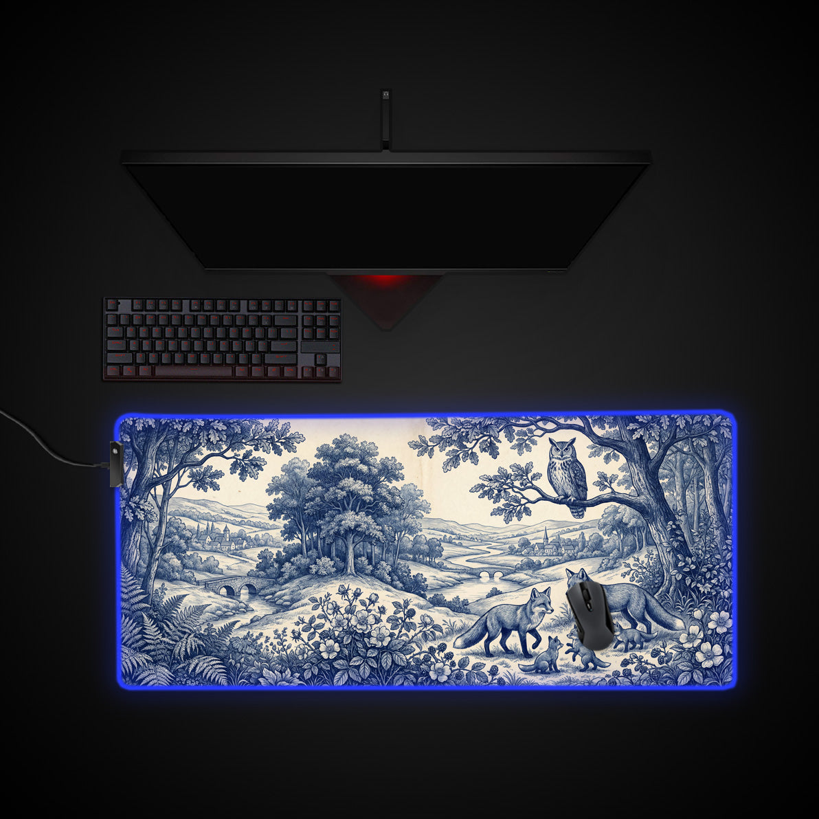 Foxwood Toile desk mat with RGB edge lighting