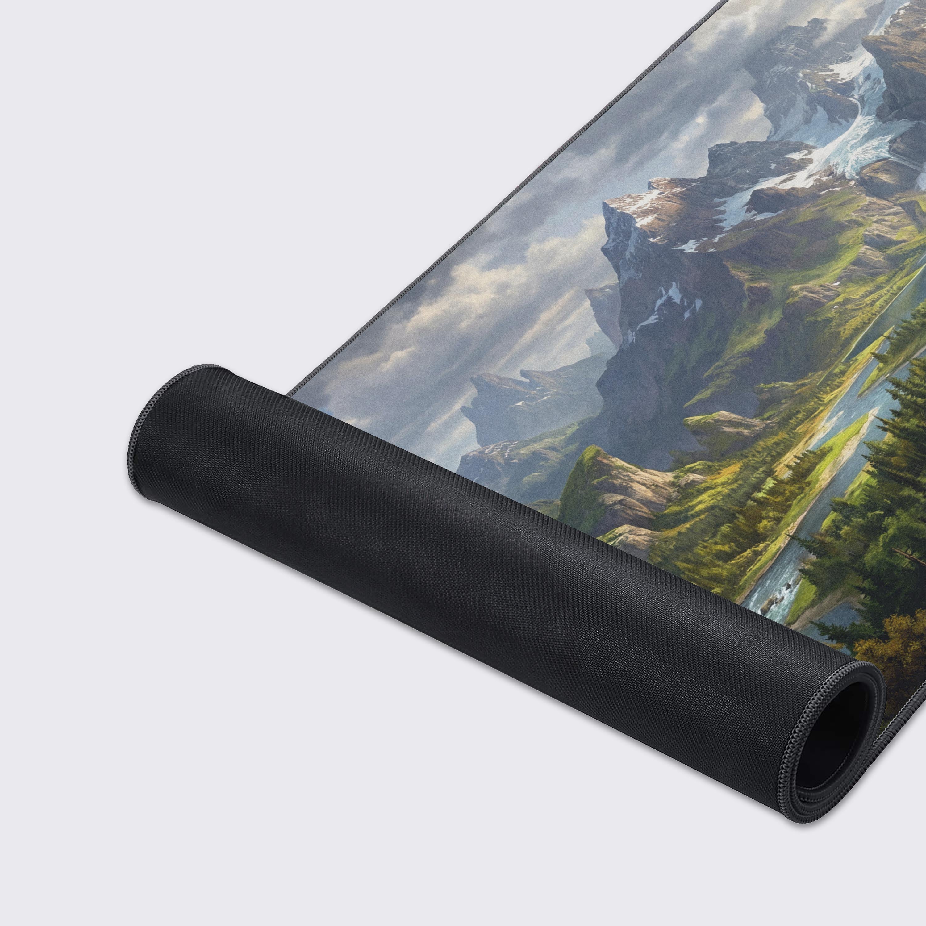Close-up of the Summit of Solitude gaming desk mat showcasing the high-quality fabric texture and durable stitched edges of the fantasy landscape design. - Epic Design Pads & Mousepads